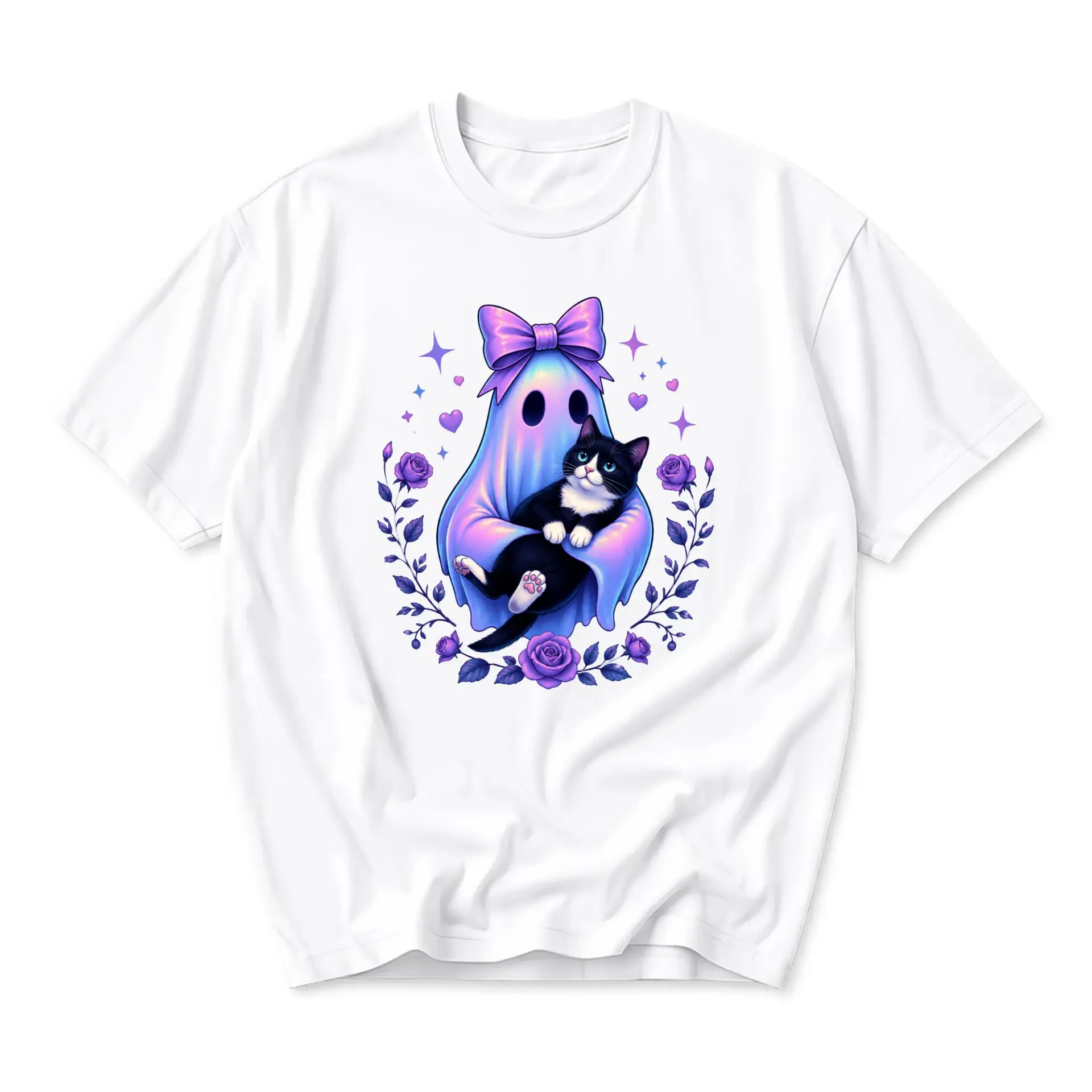 Graphic Tee Cute Ghost Holding a Black Cat Illustration Casual Short Sleeve Cotton Blend Unisex Crew Neck Shirt