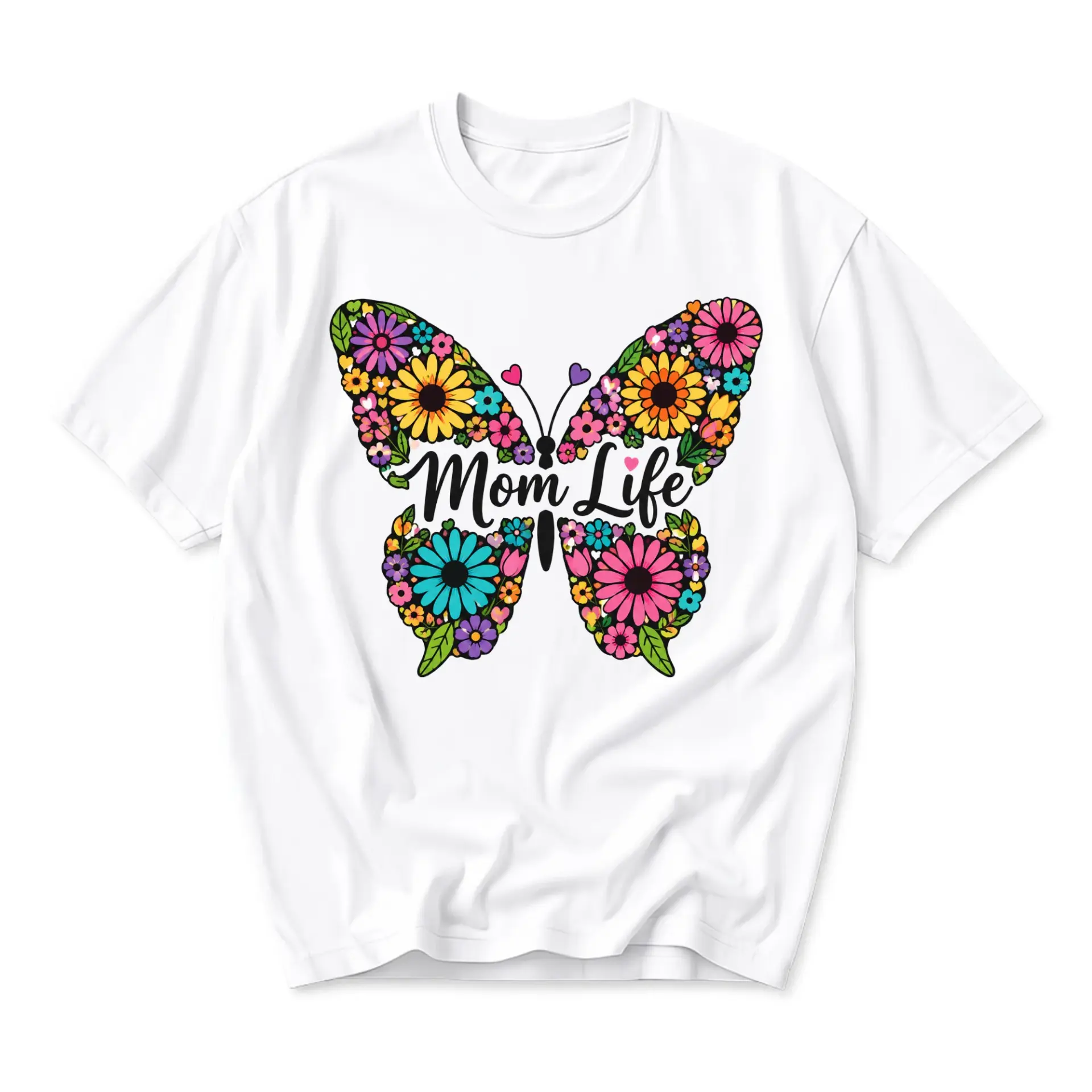 Graphic Tee Mom Life Butterfly Floral Pattern Unisex Casual Crew Neck T-Shirt Soft Breathable Everyday Apparel White