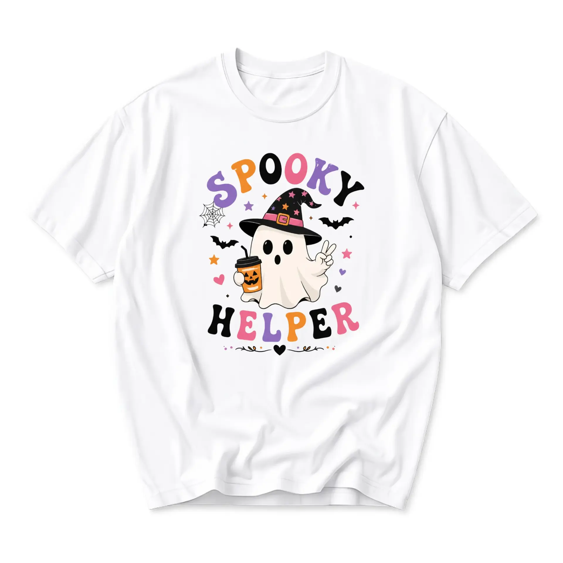 Graphic Tee Spooky Helper Ghost Holding Coffee Cup Halloween Shirt Retro Style Unisex Short Sleeve Casual Crew Neck Top