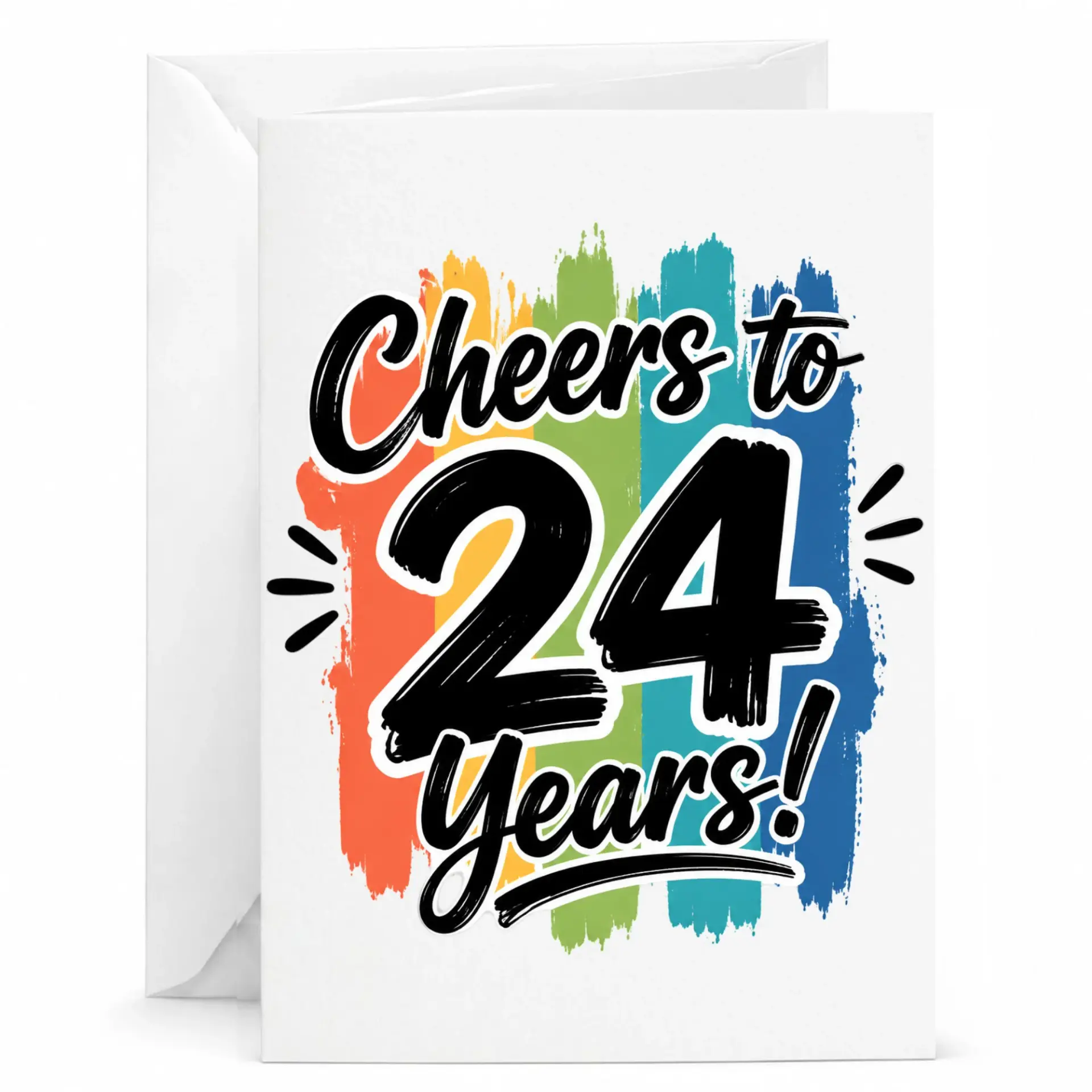 Birthday Card Cheers to 24 Years Colorful Brush Stroke Design, Festive Milestone Greeting Card with Envelope