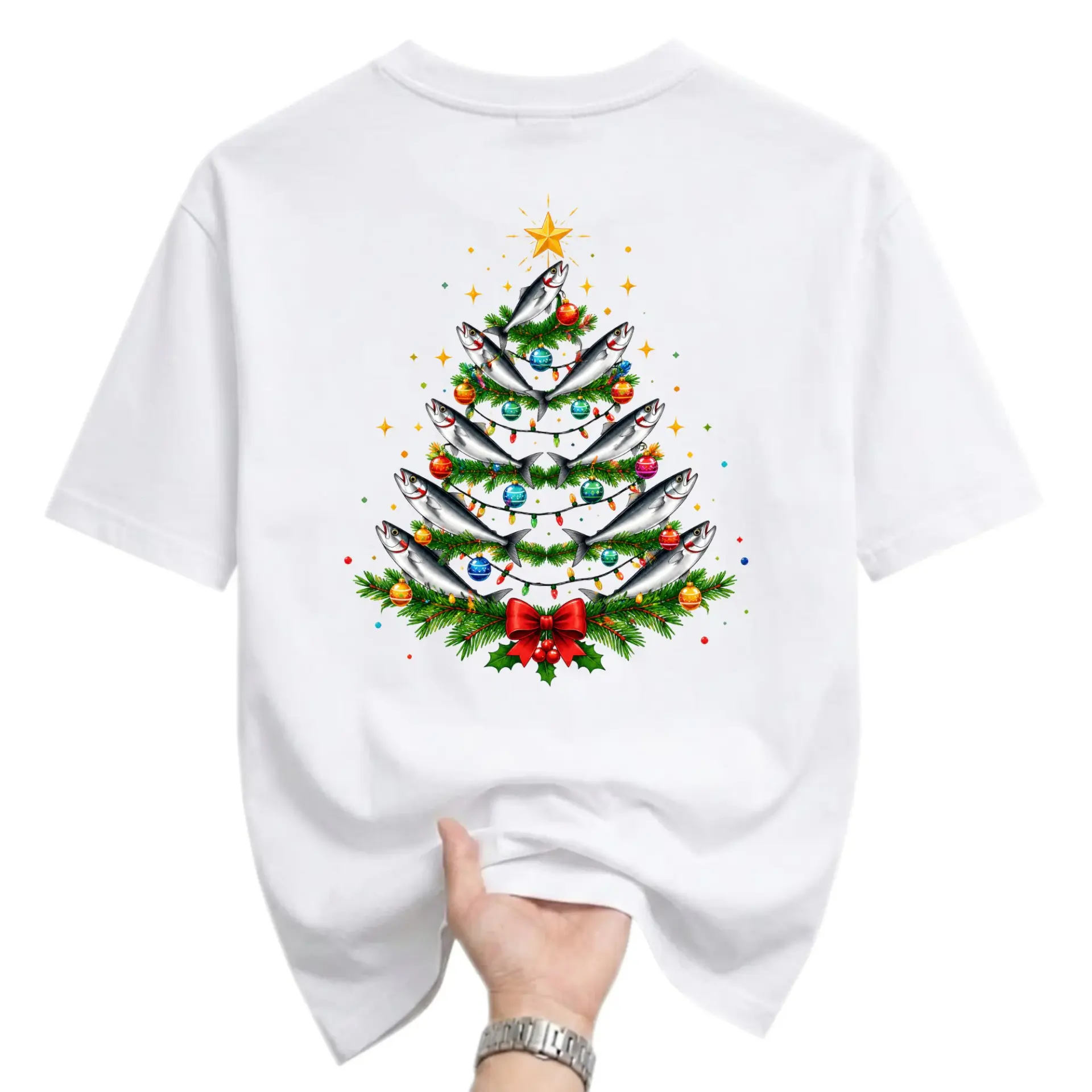 Graphic Tee Christmas Tree Fish Print Unisex Casual Crew Neck T-Shirt for