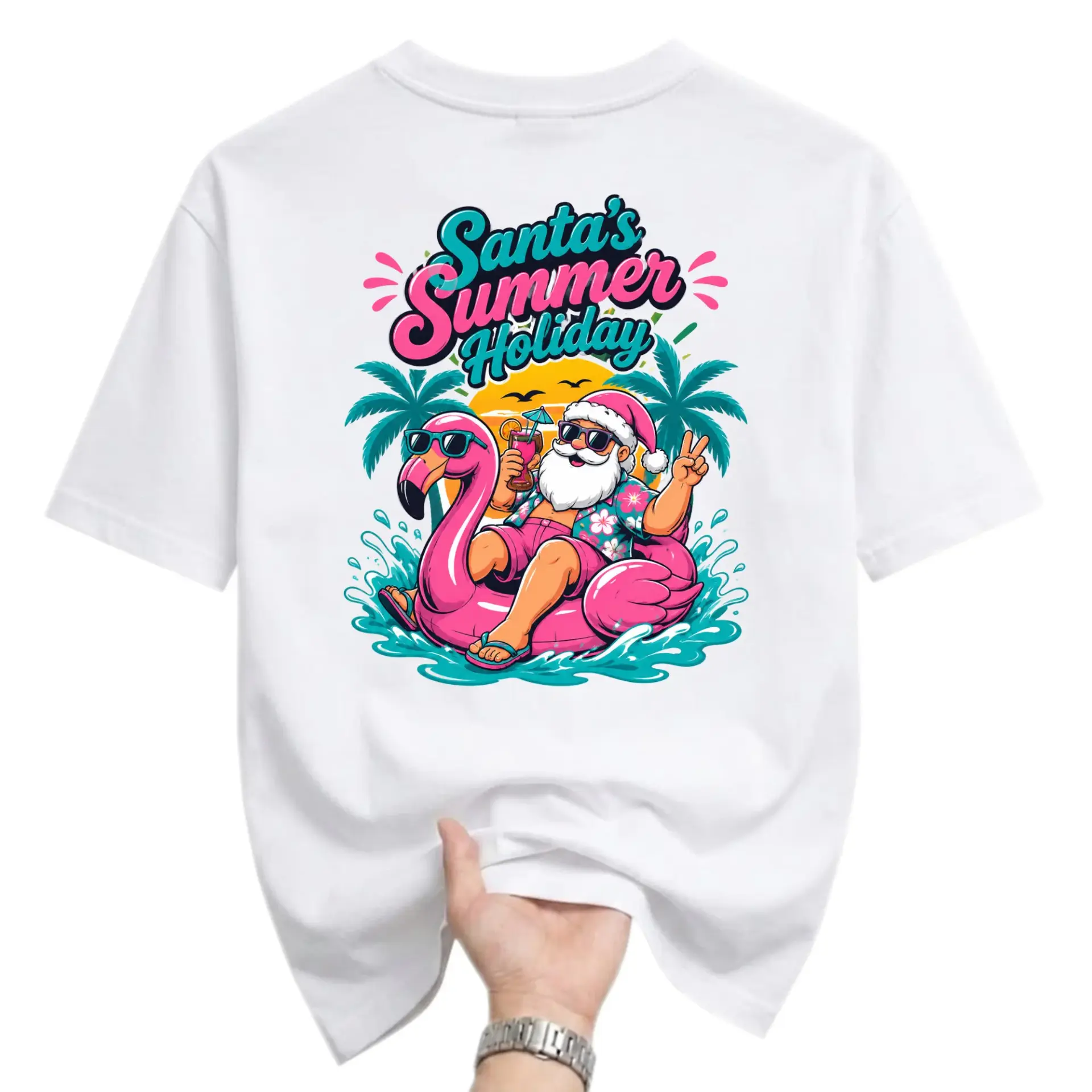 Graphic Tee Santa Tropical Print Unisex Crew Neck Shirt for Casual Everyday