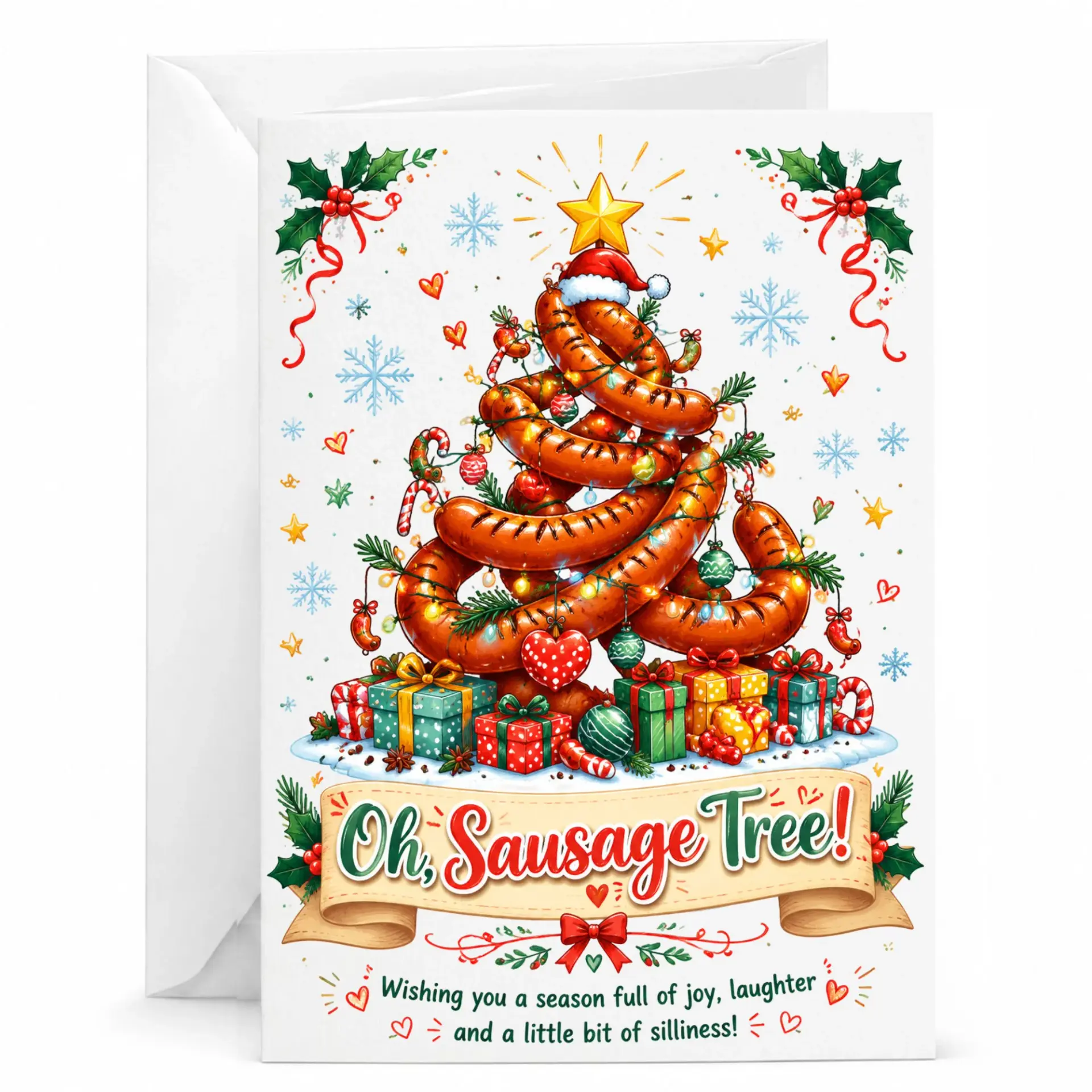 Funny Christmas Greeting Card, Oh Sausage Tree Holiday Card with Matching Envelope for Seasonal Joy and Humor