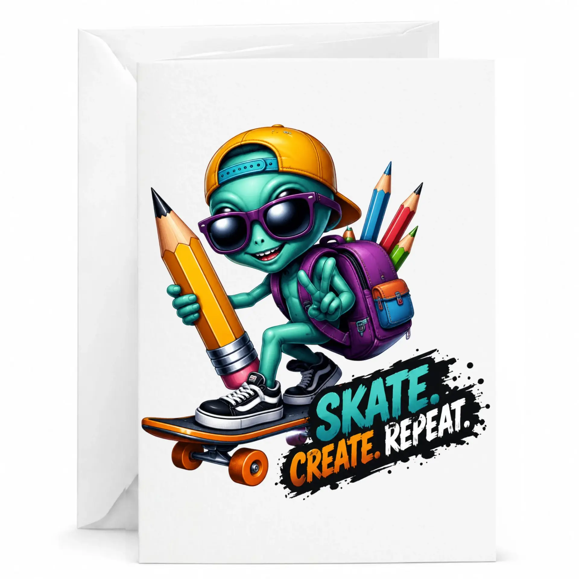 Funny Greeting Card Skate Create Repeat Artwork for Encouragement and Birthday Wishes with Matching Envelope