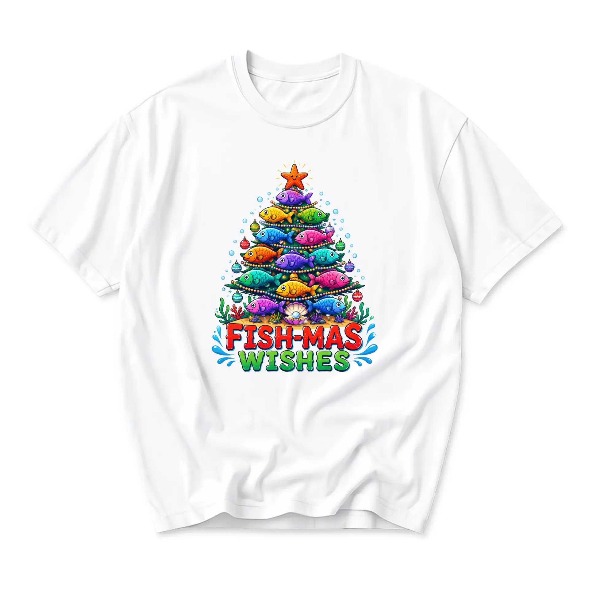 Funny Shirt Fish-Mas Wishes Christmas Tree Graphic Tee Seasonal Unisex Crew Neck Casual Cotton Blend T-Shirt Top