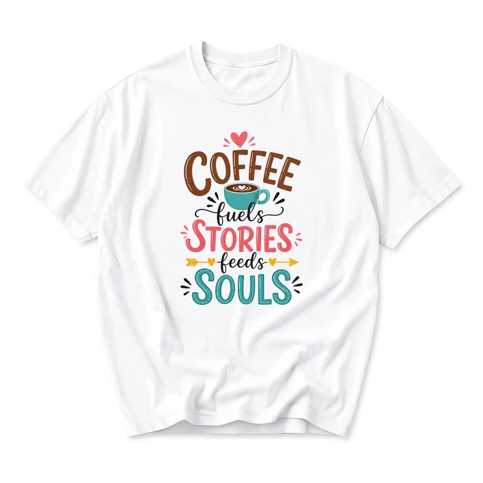 Graphic Tee Coffee Fuels Stories Feeds Souls Unisex Crew Neck T-Shirt for Caffeine Lovers and Casual Apparel Enthusiasts