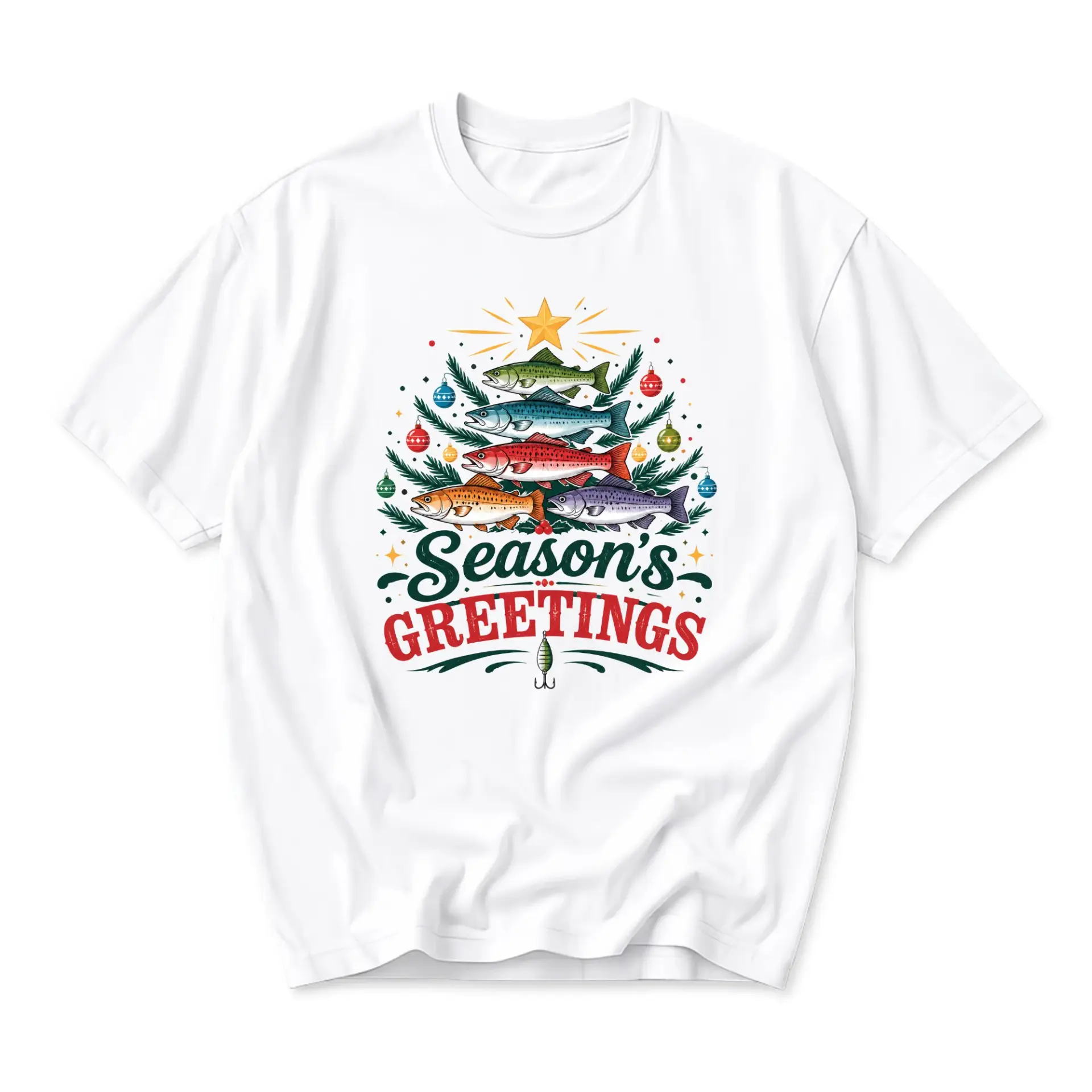 T-shirt Season's Greetings Fishing Christmas Tree Graphic Tee Unisex Casual
