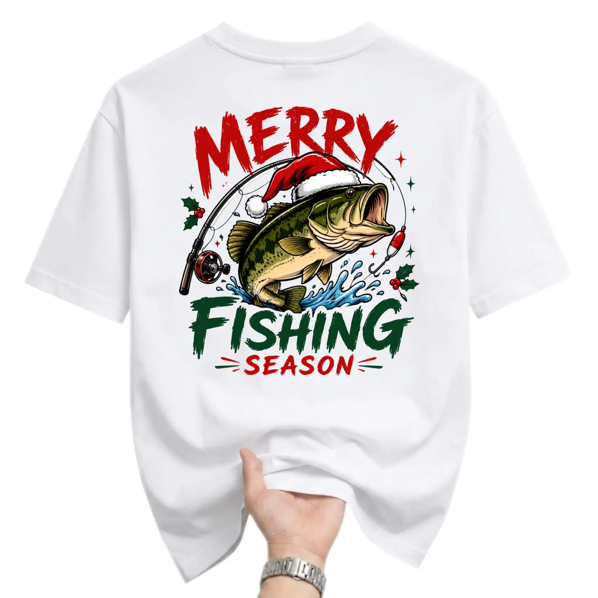 Funny Shirt Merry Fishing Season Graphic Tee Christmas Holiday Catching Unisex Crew Neck Casual Cotton Top