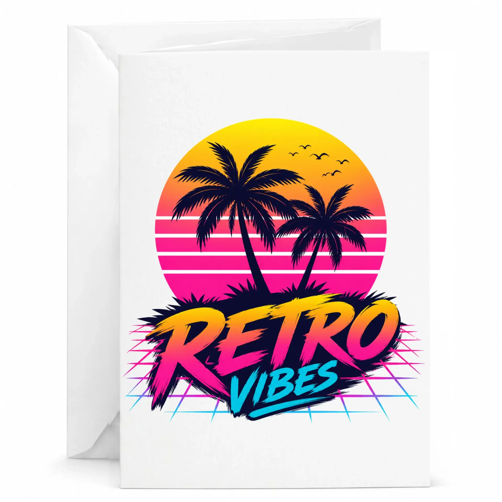 Retro Vibes Greeting Card with Sunset Palm Tree Aesthetic for All Occasions Including Birthdays and Anniversaries