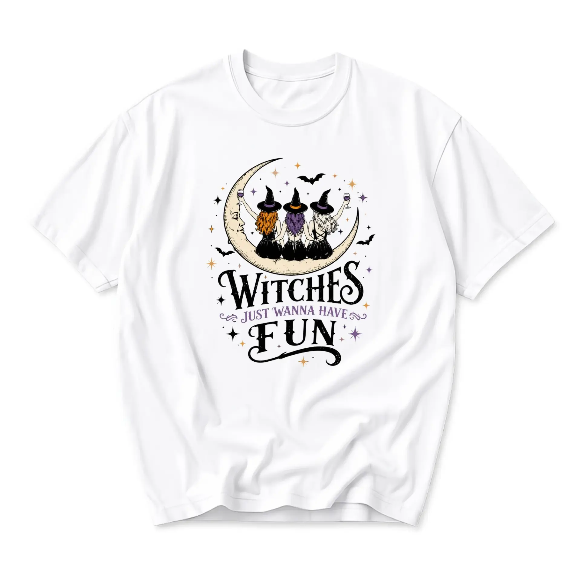 Graphic Tee Witches Just Wanna Have Fun Celestial Moon Print Unisex Casual Crew Neck Comfortable Cotton Shirt