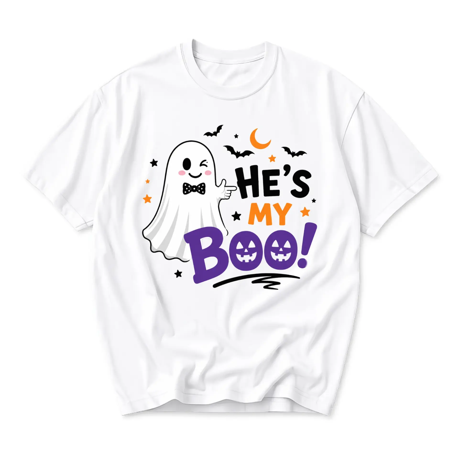 Funny Shirt He's My Boo Ghost Graphic Tee Unisex Crew Neck Short Sleeve Casual Cotton Blend Holiday Apparel Top
