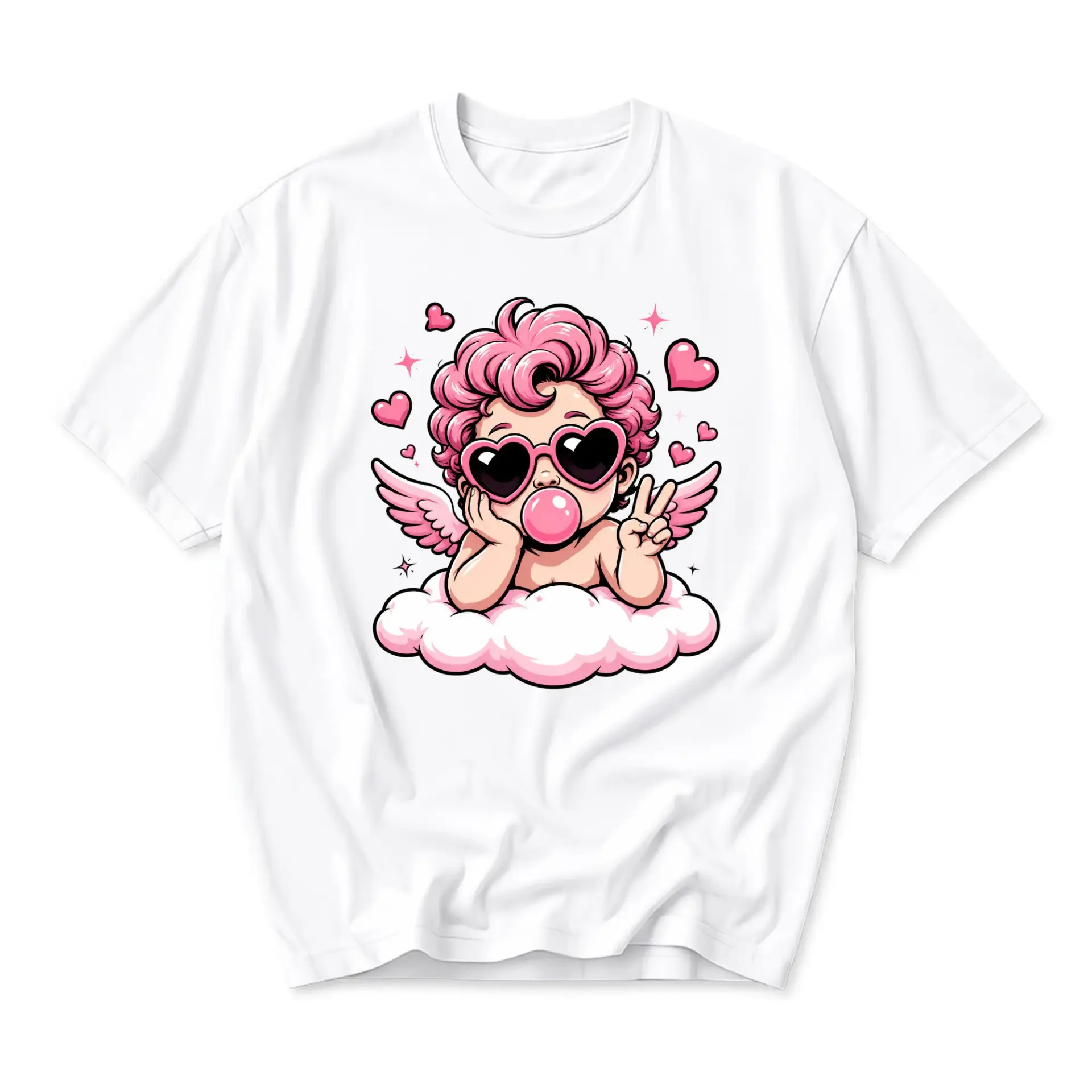Graphic Tee Cupid Wearing Heart Sunglasses Blowing Bubble Gum Cartoon Illustration Unisex Casual Short Sleeve Shirt
