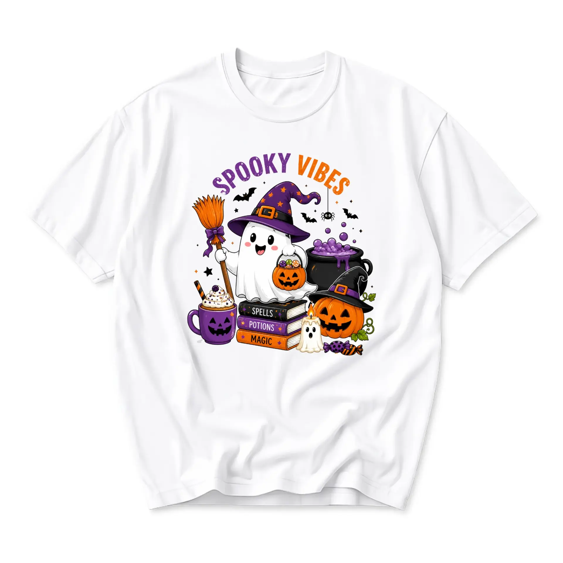Graphic Tee Spooky Vibes Halloween Shirt for Unisex Casual Wear Featuring Cute Ghost and Witch Illustration