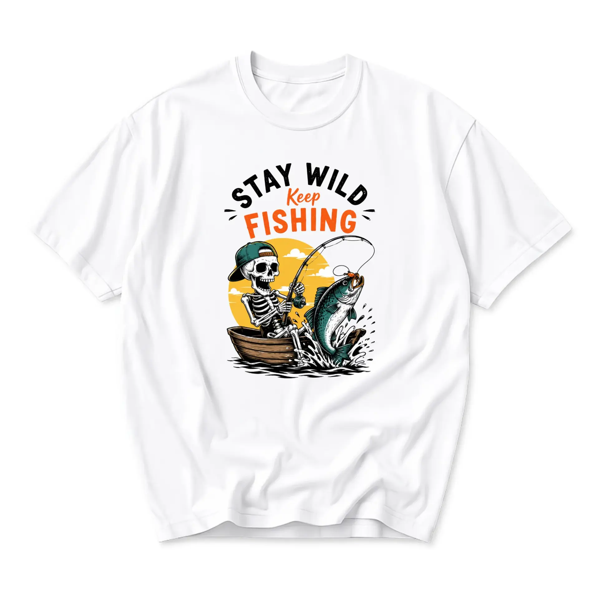 Funny Shirt Stay Wild Keep Fishing Graphic Tee Skeleton Angler Artwork Casual Unisex Cotton Crew Neck Short Sleeve