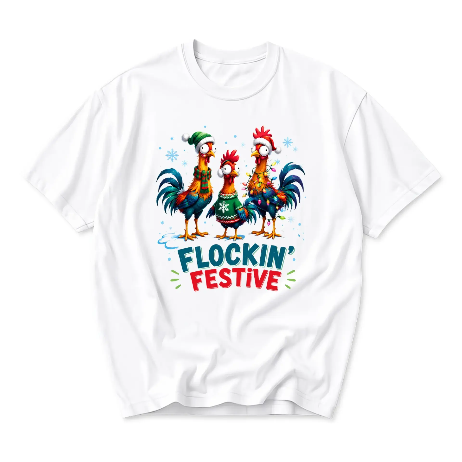 Funny Shirt Flockin Festive Chicken Holiday Graphic Tee Unisex Crew Neck Short Sleeve Casual Cotton Blend Apparel