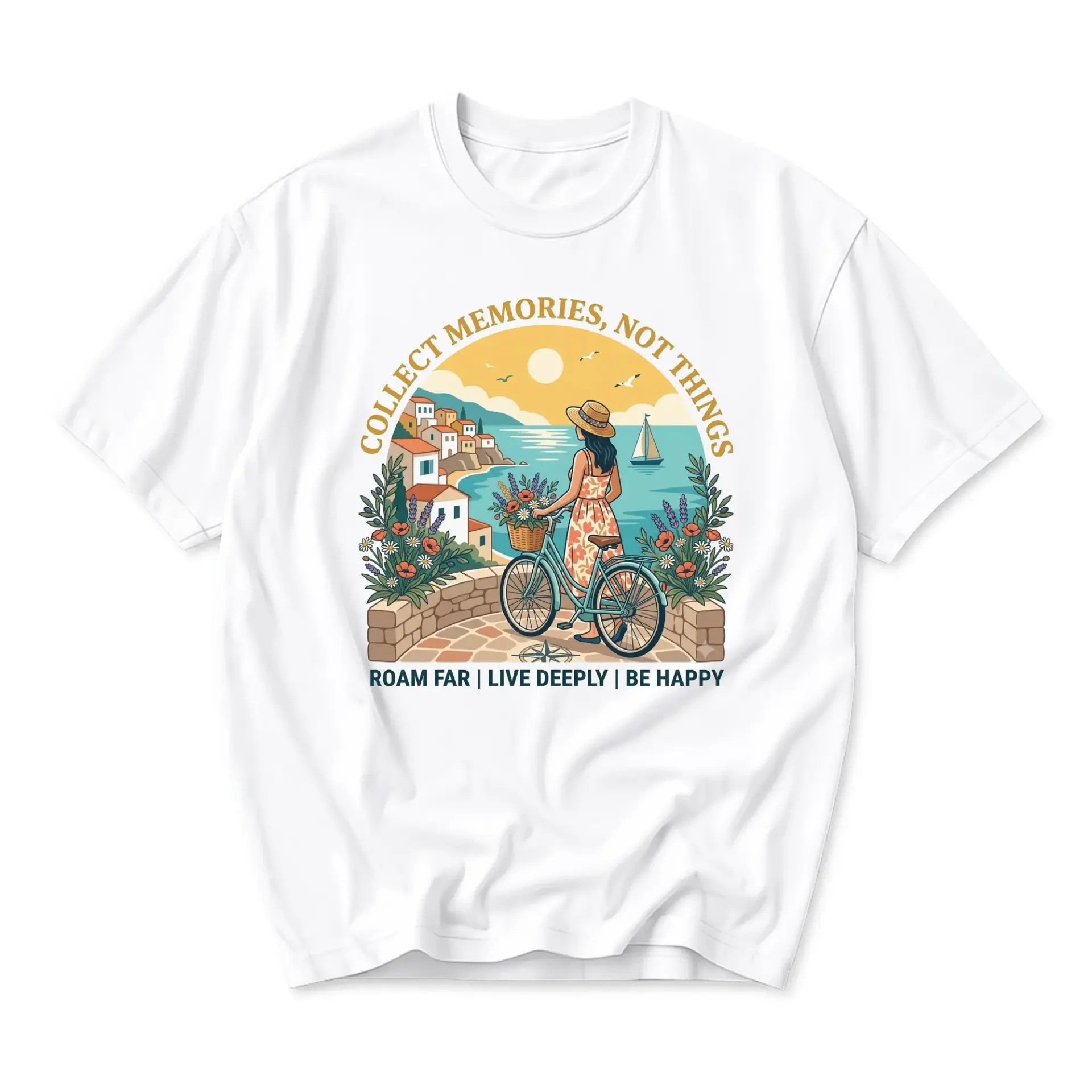Graphic Tee Collect Memories Not Things Vintage Style Coastal Scene Unisex Crew Neck Cotton Blend Casual Shirt
