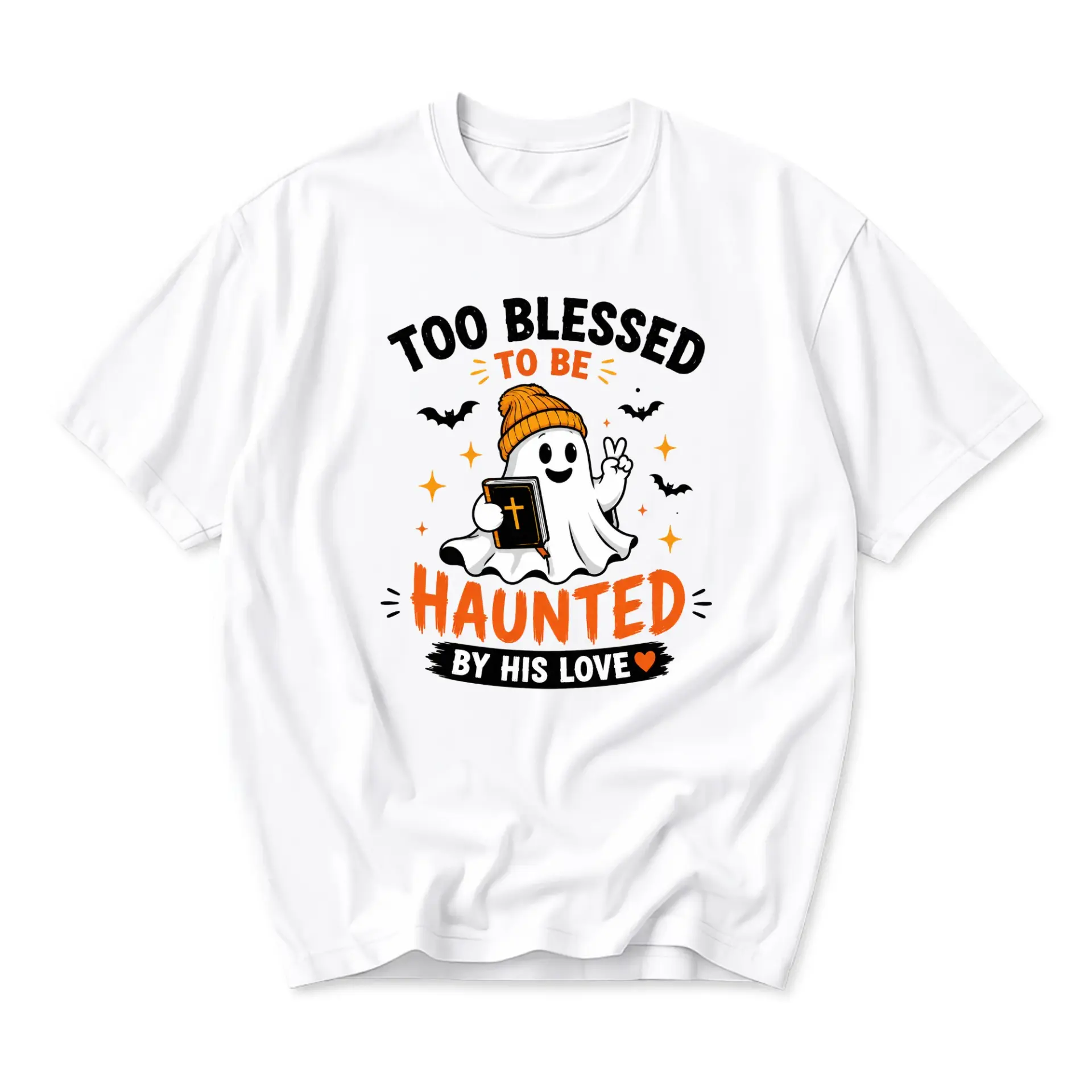 Funny Shirt Too Blessed to Be Haunted by His Love Graphic Tee Unisex Casual Crew Neck Halloween Cotton Apparel