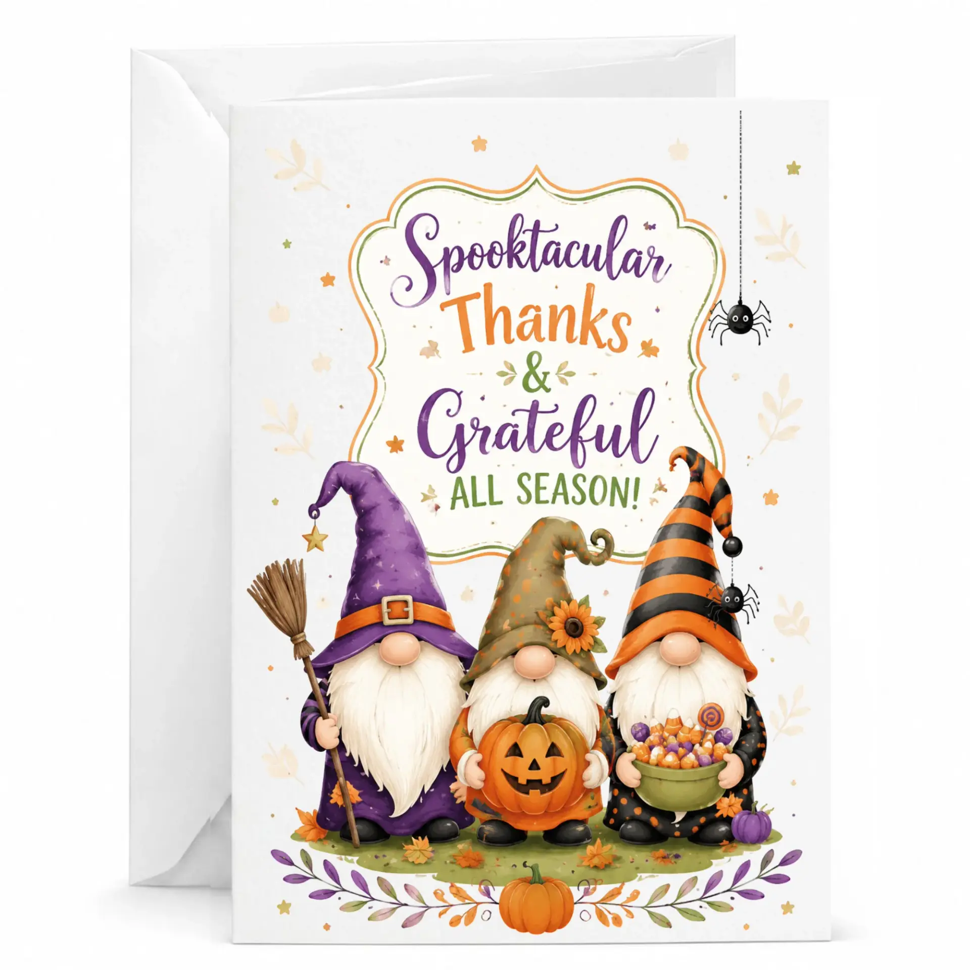 Greeting Card Spooktacular and Grateful All Season Fall Gnome Illustration for Autumn Holidays Celebrations
