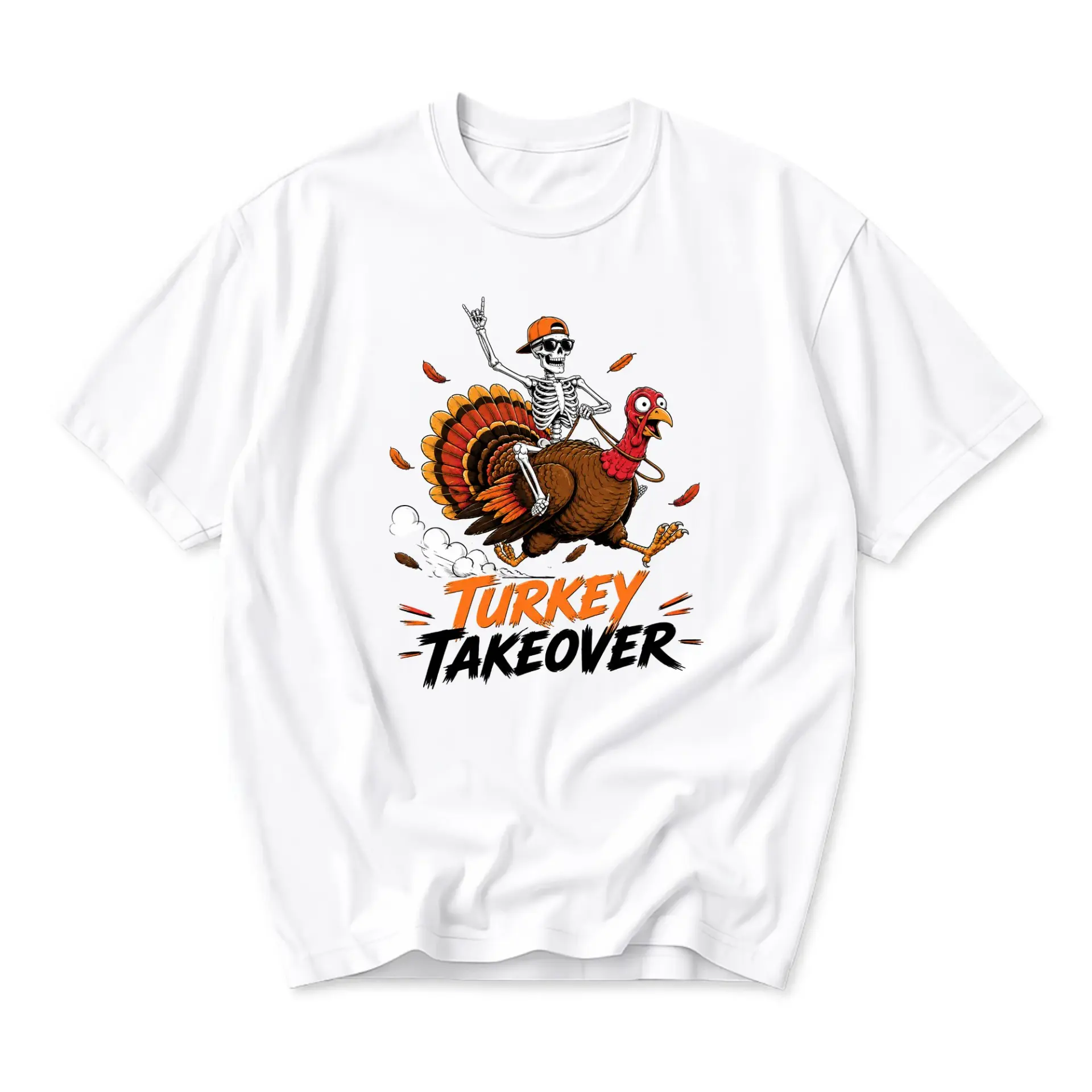 Funny Shirt Turkey Takeover Graphic Tee Skeleton Riding Bird Design Casual Unisex Crew Neck Holiday Cotton T-Shirt