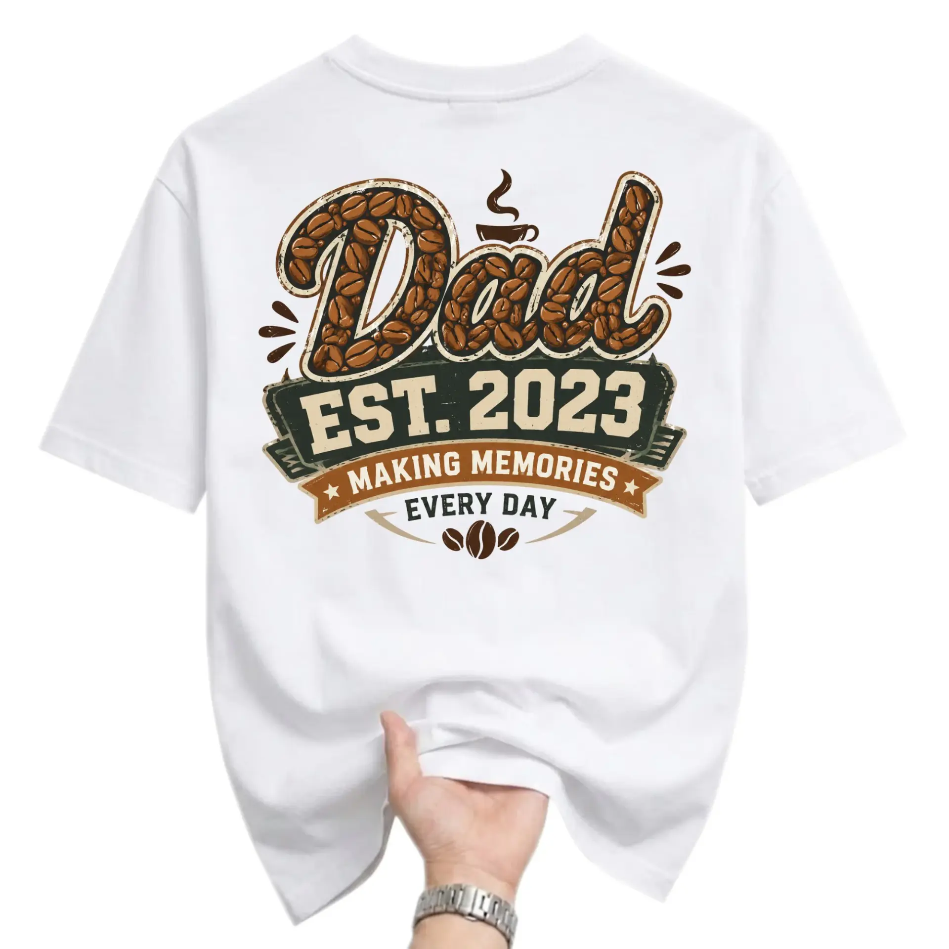 Graphic Tee Dad Est 2023 Making Memories Coffee Theme Unisex Shirt for Everyday Wear and Casual Gift Apparel