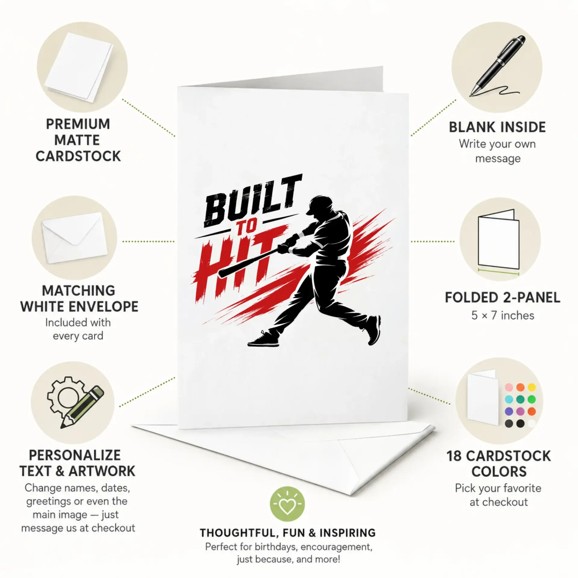 Greeting Card Built to Hit Baseball Player Sports Themed Stationery for Enthusiasts and Players 5x7 Inch Folded Card