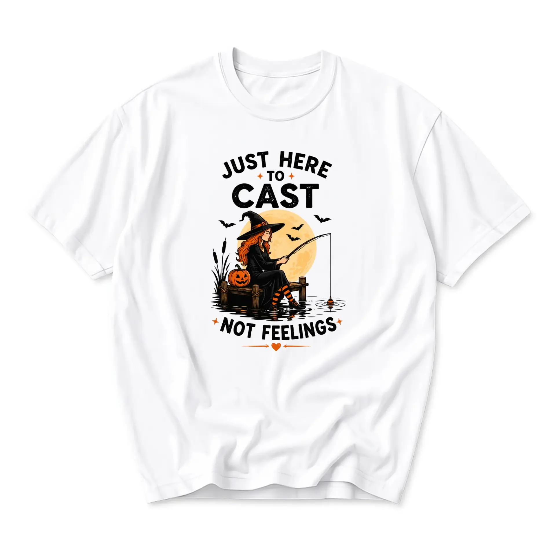 Funny Shirt Witch Fishing Graphic Tee Just Here to Cast Not Feelings Unisex Casual Cotton Crew Neck Top Apparel