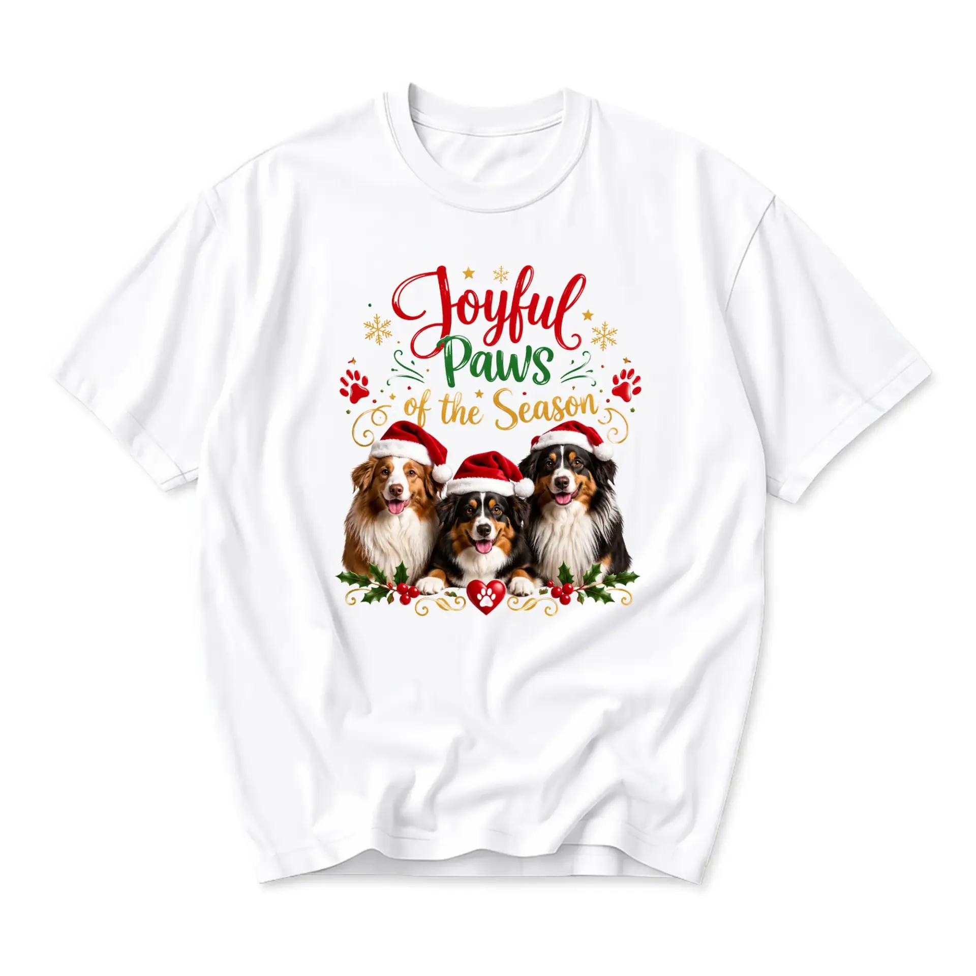 Graphic Tee Joyful Paws of the Season Australian Shepherd Christmas Holiday Unisex Crew Neck Cotton T-Shirt White