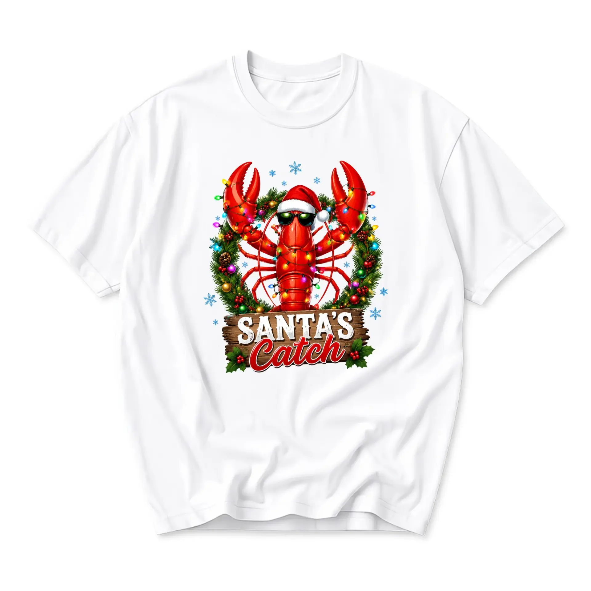 Funny Shirt Santa Catch Lobster Holiday Graphic Tee Unisex Short Sleeve Casual Crew Neck Apparel for Winter Seasons