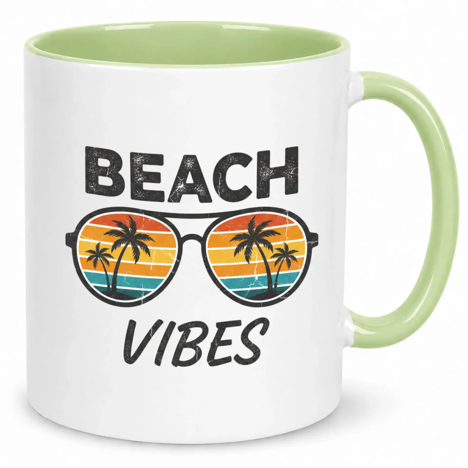 Coffee Mug with Beach Vibes Design Retro Sunset Tree Sunglasses 11 Oz White Ceramic Drinkware Gift