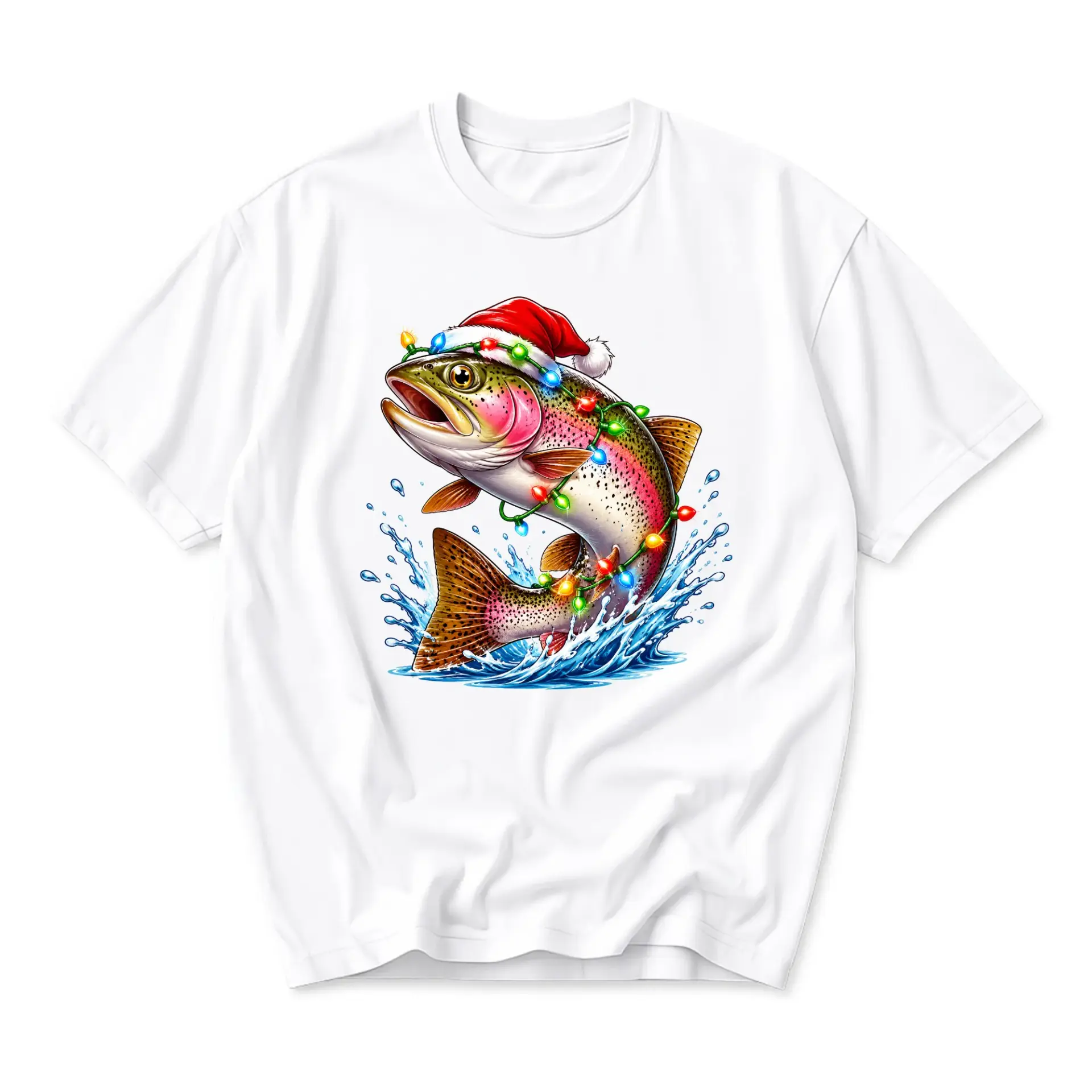 Graphic Tee Unisex Short Sleeve Crew Neck T-Shirt Featuring a Festive Fishing Themed Christmas Holiday Design