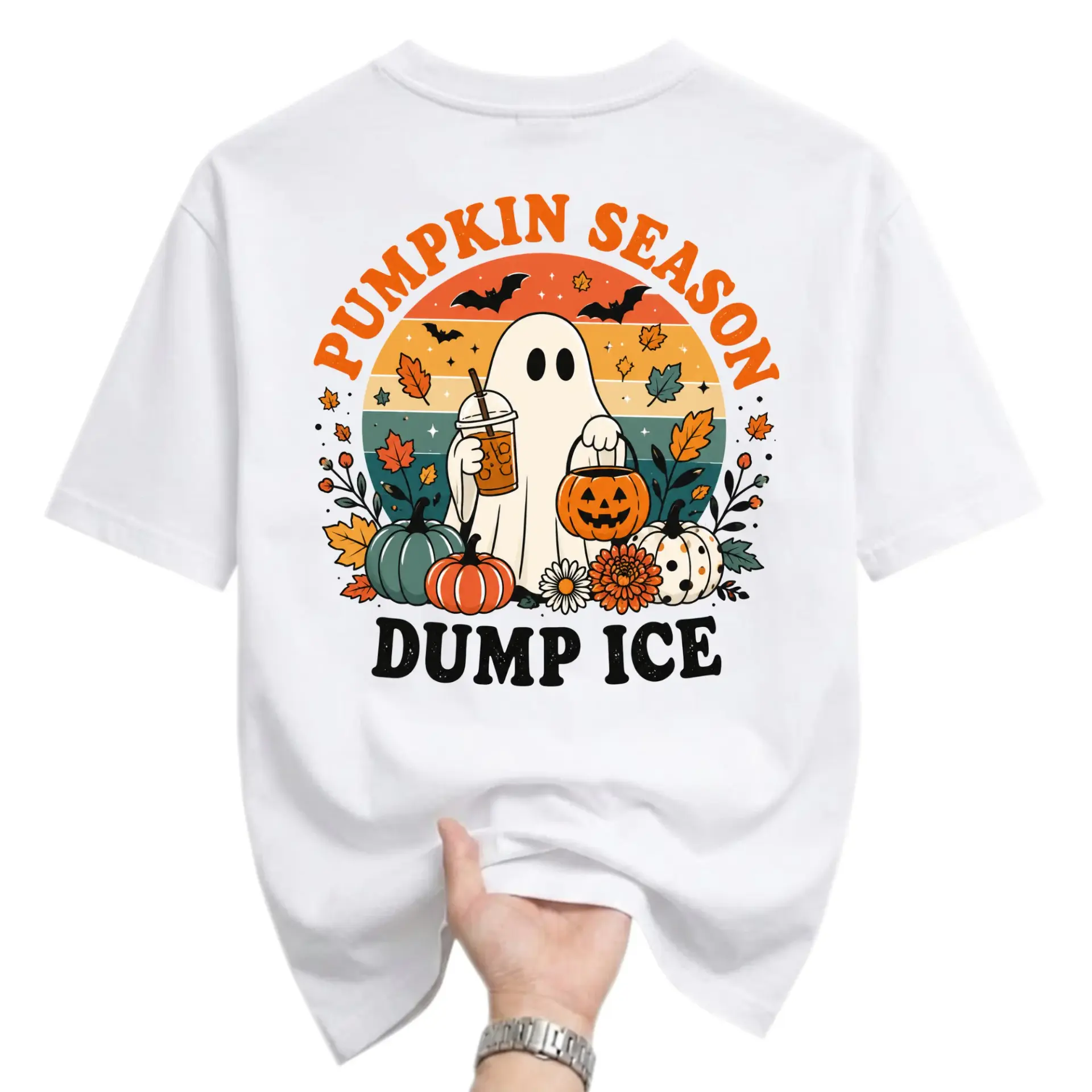 Funny Shirt Pumpkin Season Dump Ice Graphic Tee Cute Ghost Drinking Iced Coffee Autumn Fall Harvest Holiday Apparel