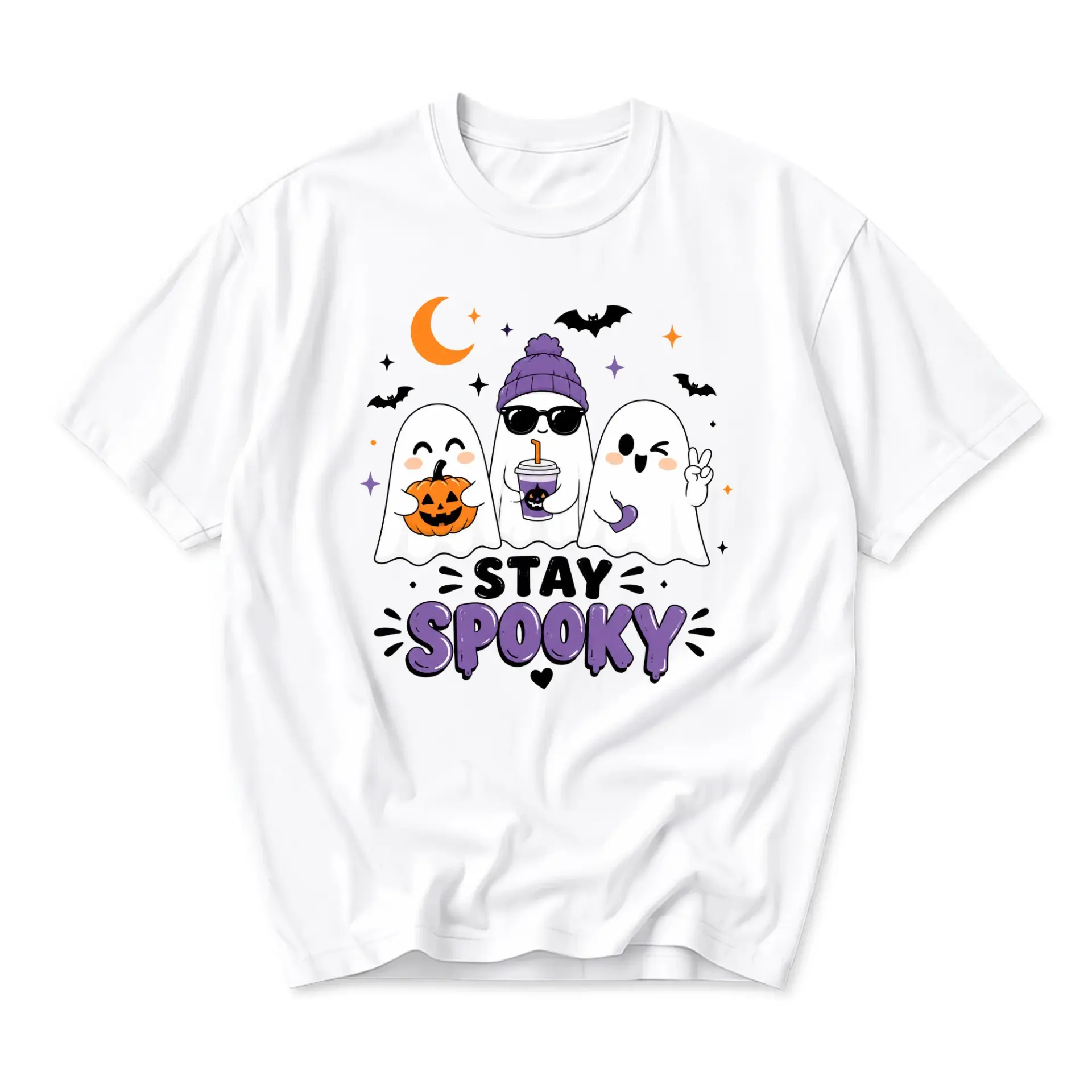 Graphic Tee Stay Spooky Ghost Pumpkin Print Unisex Crew Neck Casual Everyday Short Sleeve Cotton Blend T-Shirt