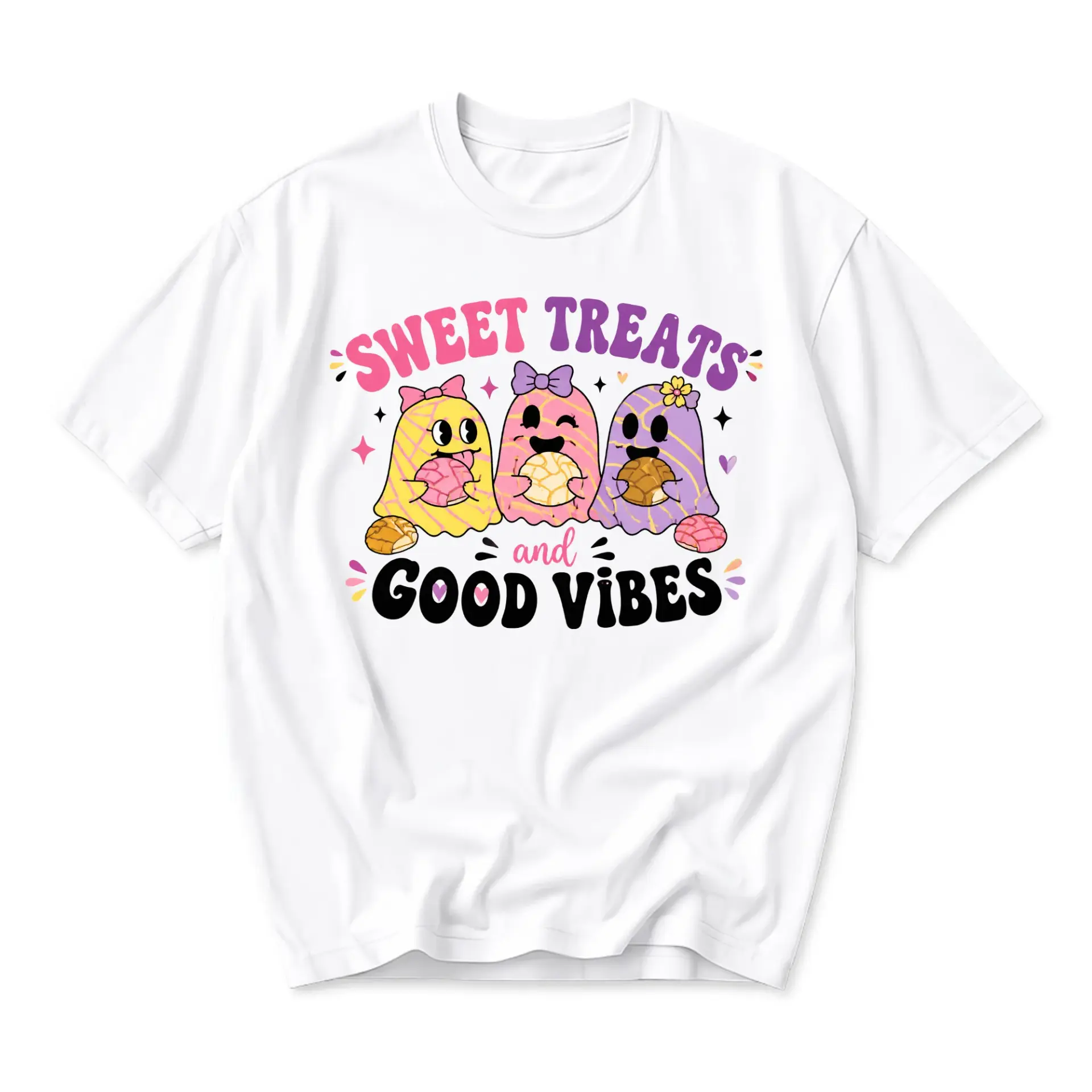 Graphic Tee Sweet Treats and Good Vibes Unisex Crew Neck T-Shirt Retro Style Apparel for Casual Everyday Outfits