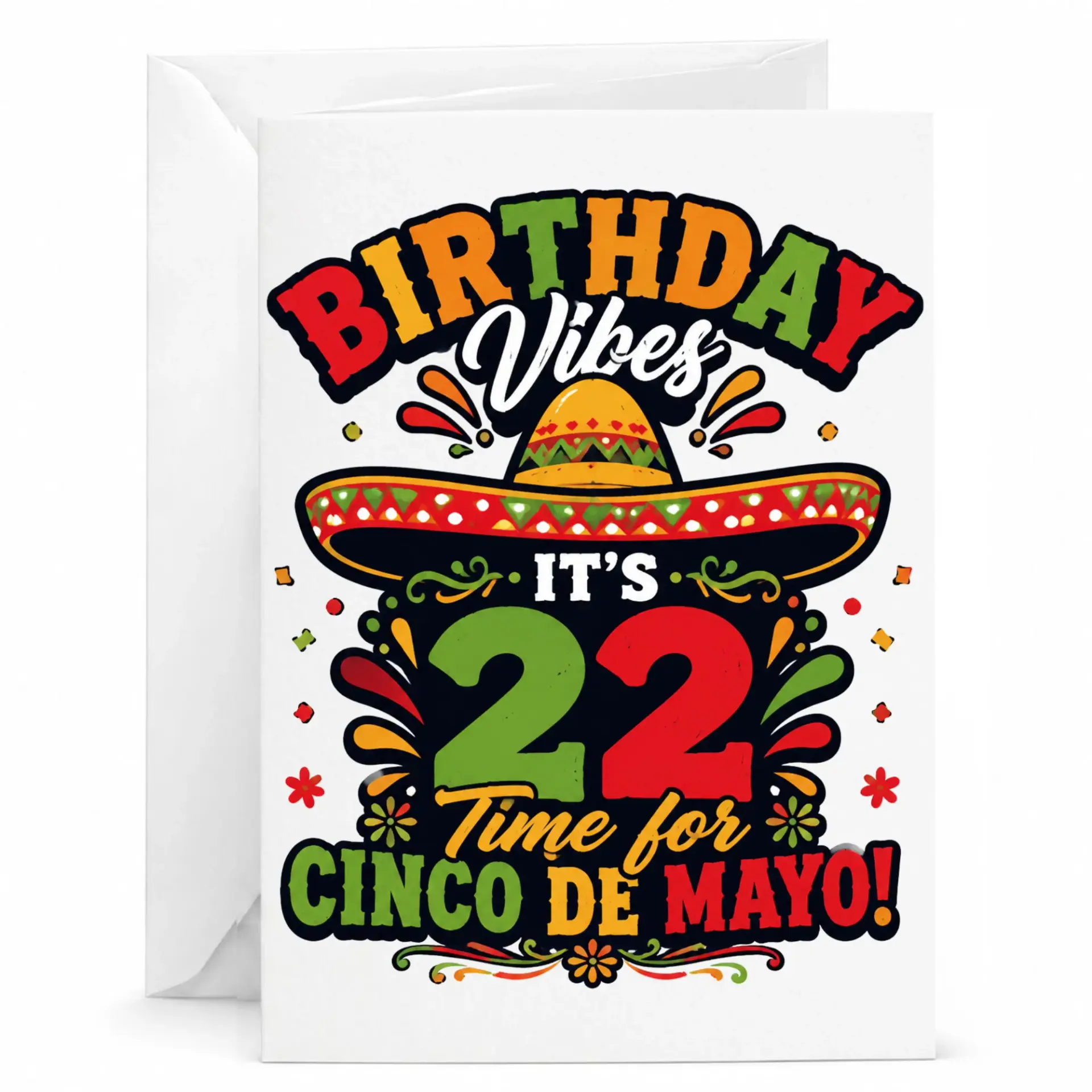 Birthday Card Fiesta Theme 22nd Celebration Greeting Card with Envelope for Friends and Family Festive Party Decor