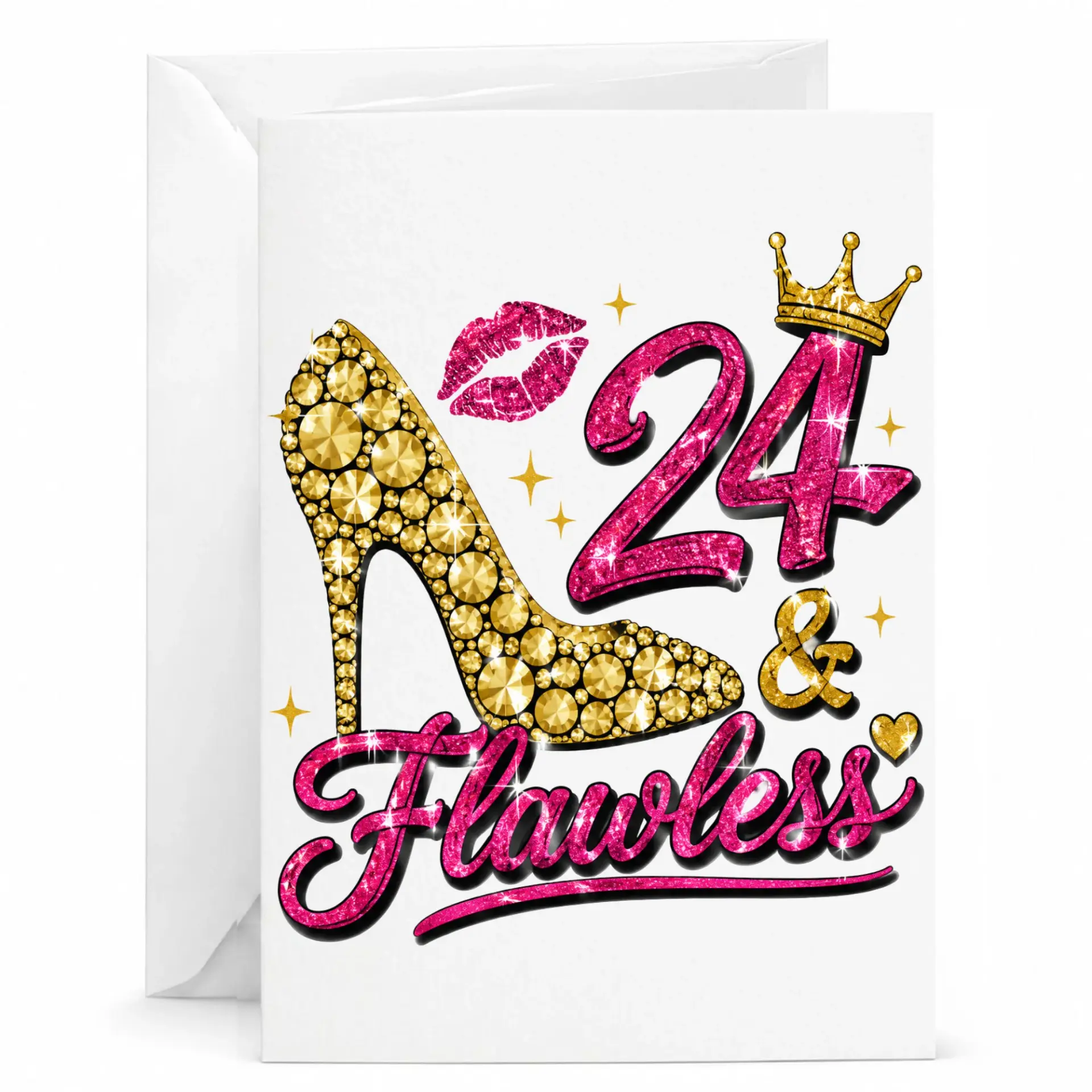 Birthday Greeting Card 24 and Flawless Design with High Heel Shoe and Crown Motif for Glamorous Celebrations