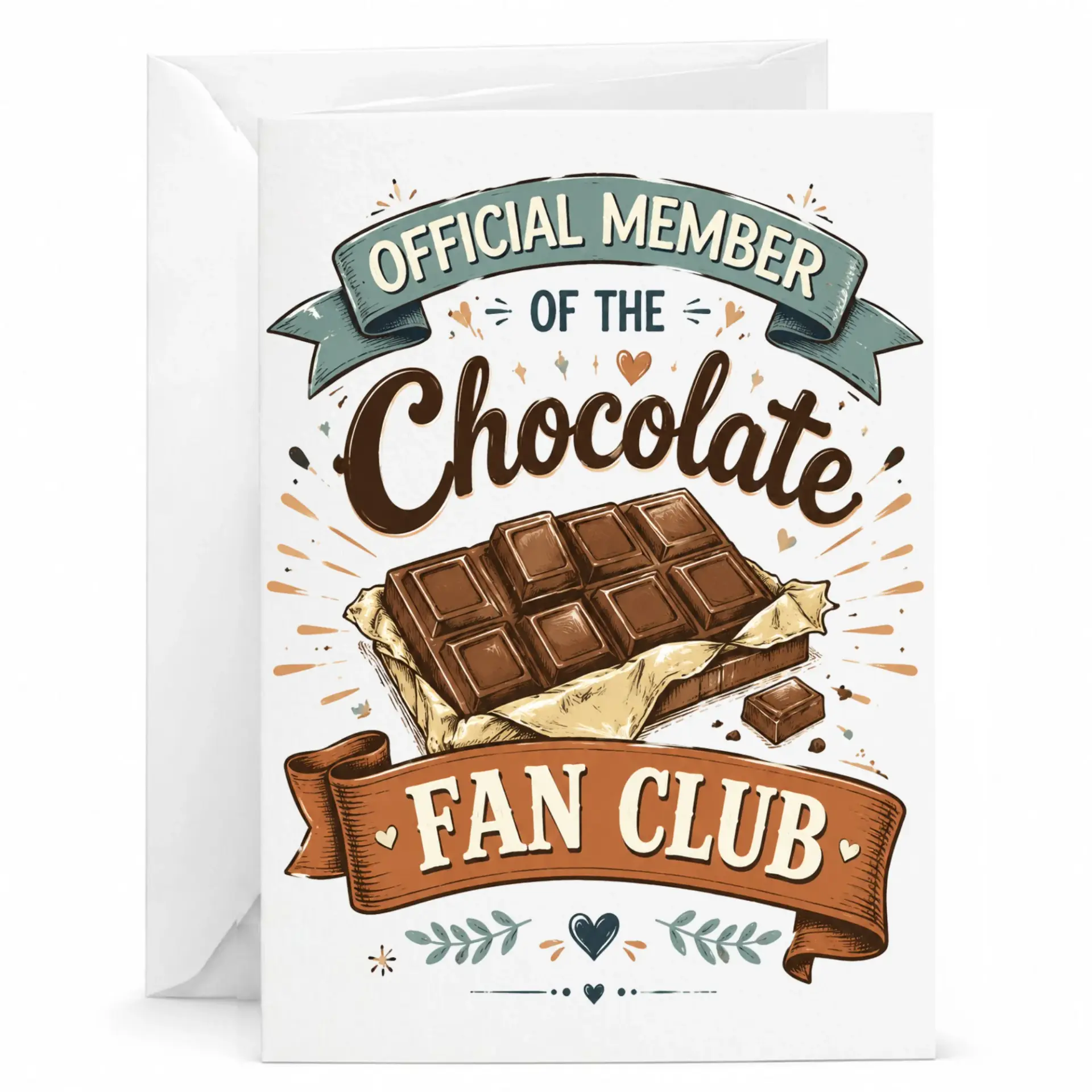 Funny Chocolate Fan Club Greeting Card for Sweets Lovers and Blank Folded Note with White Envelope