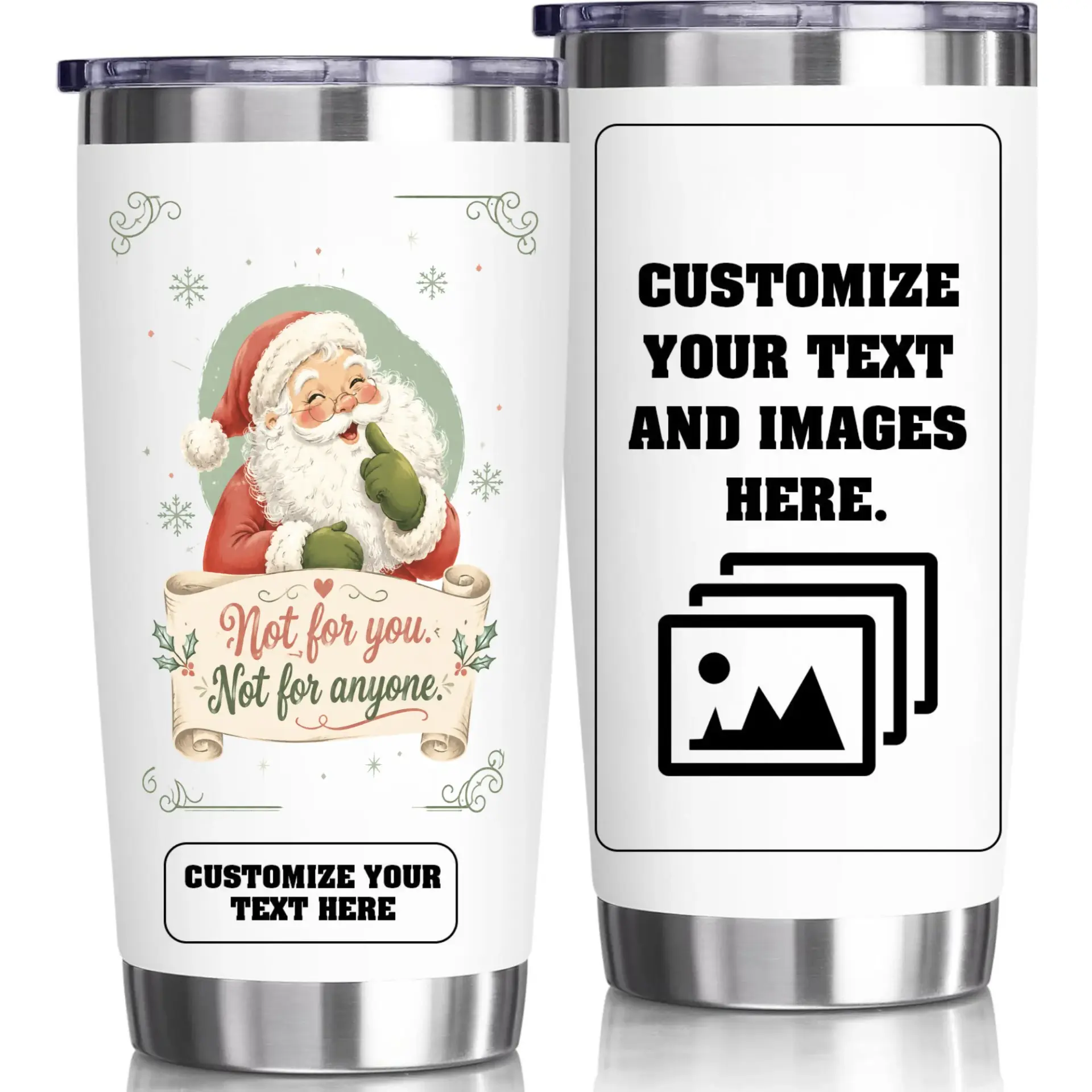 Stainless Steel Tumbler 20oz Insulated Travel Cup with Festive Santa Design and Customizable Personalization