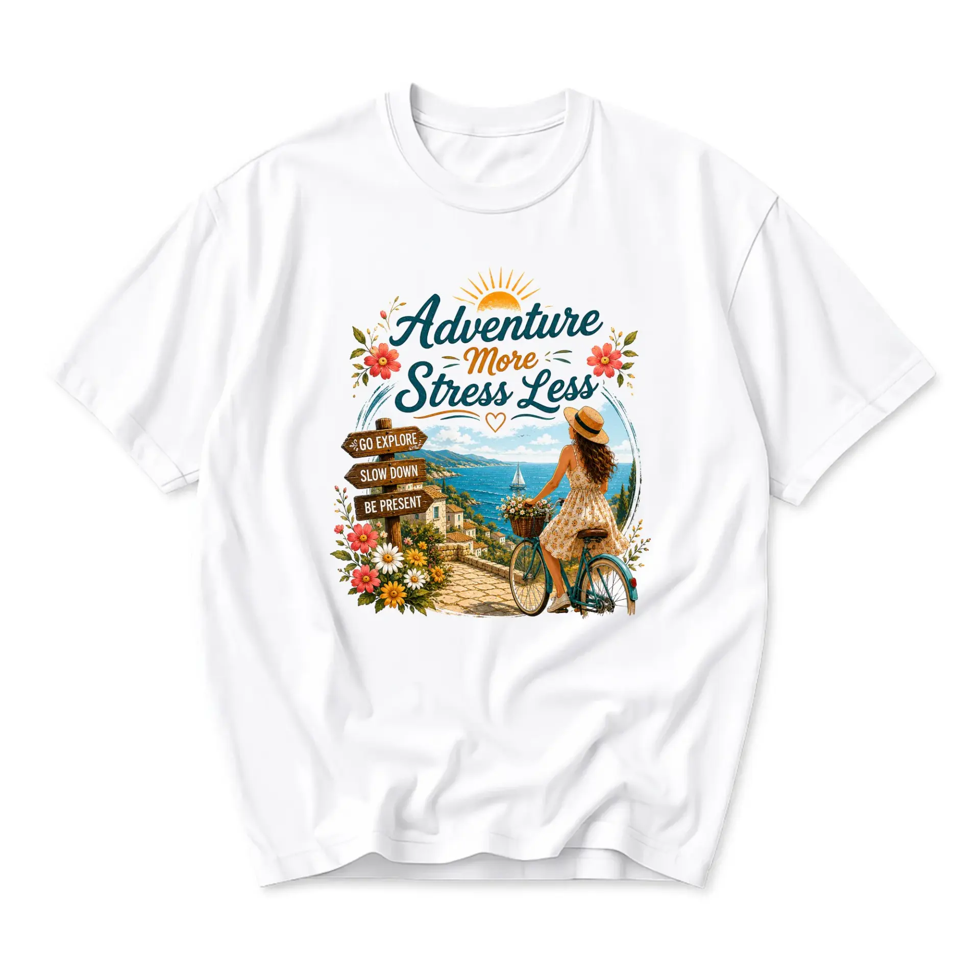 Graphic Tee Adventure More Stress Less Coastal Bicycle Scene Unisex Cotton Crew Neck Casual Short Sleeve Shirt