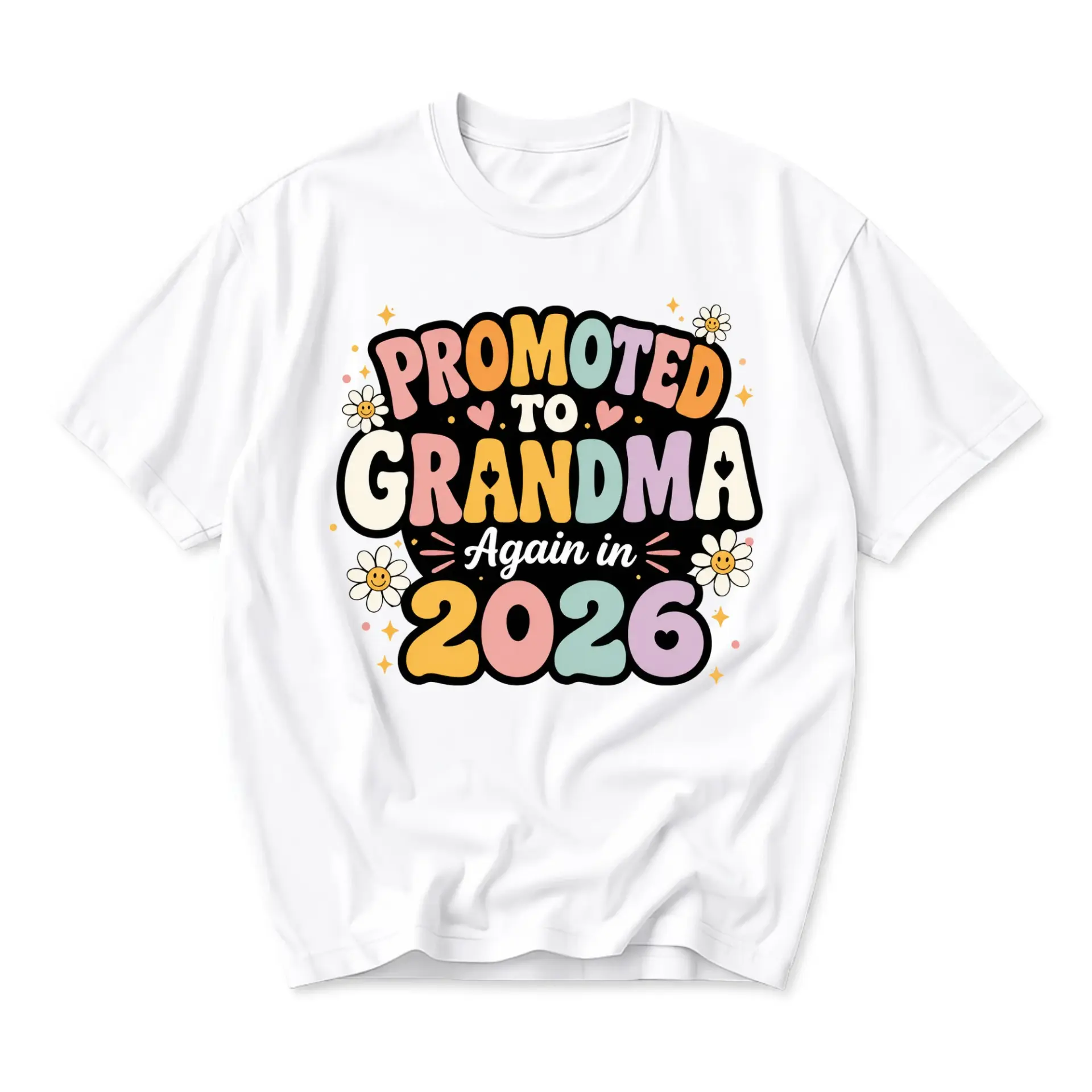 Graphic Tee Promoted to Grandma Again in 2026 Retro Floral Design Unisex Casual Crew Neck Comfortable Cotton Shirt
