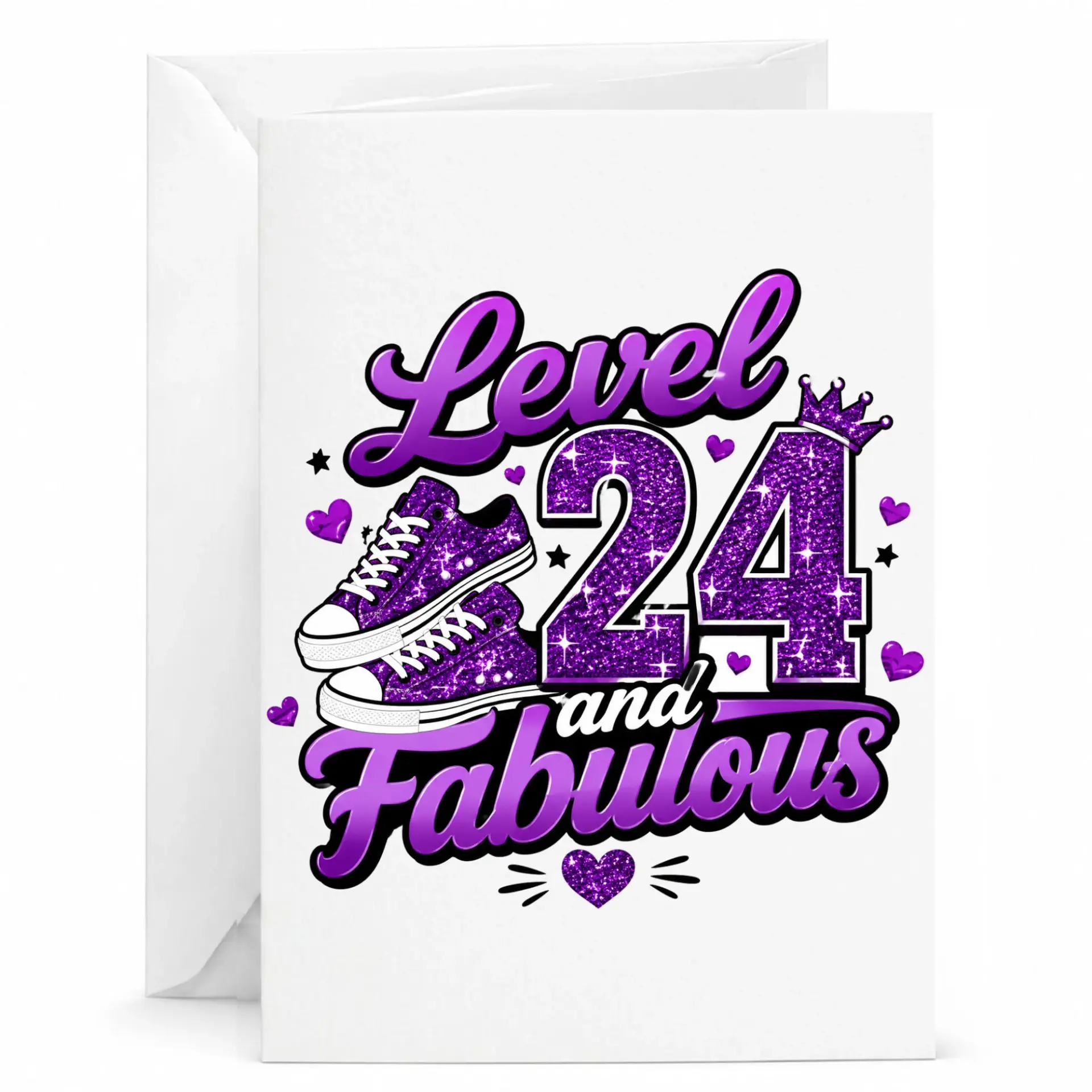 Birthday Card Level 24 and Fabulous Greeting Card with Purple Glitter Sneaker Design for Milestone Celebration