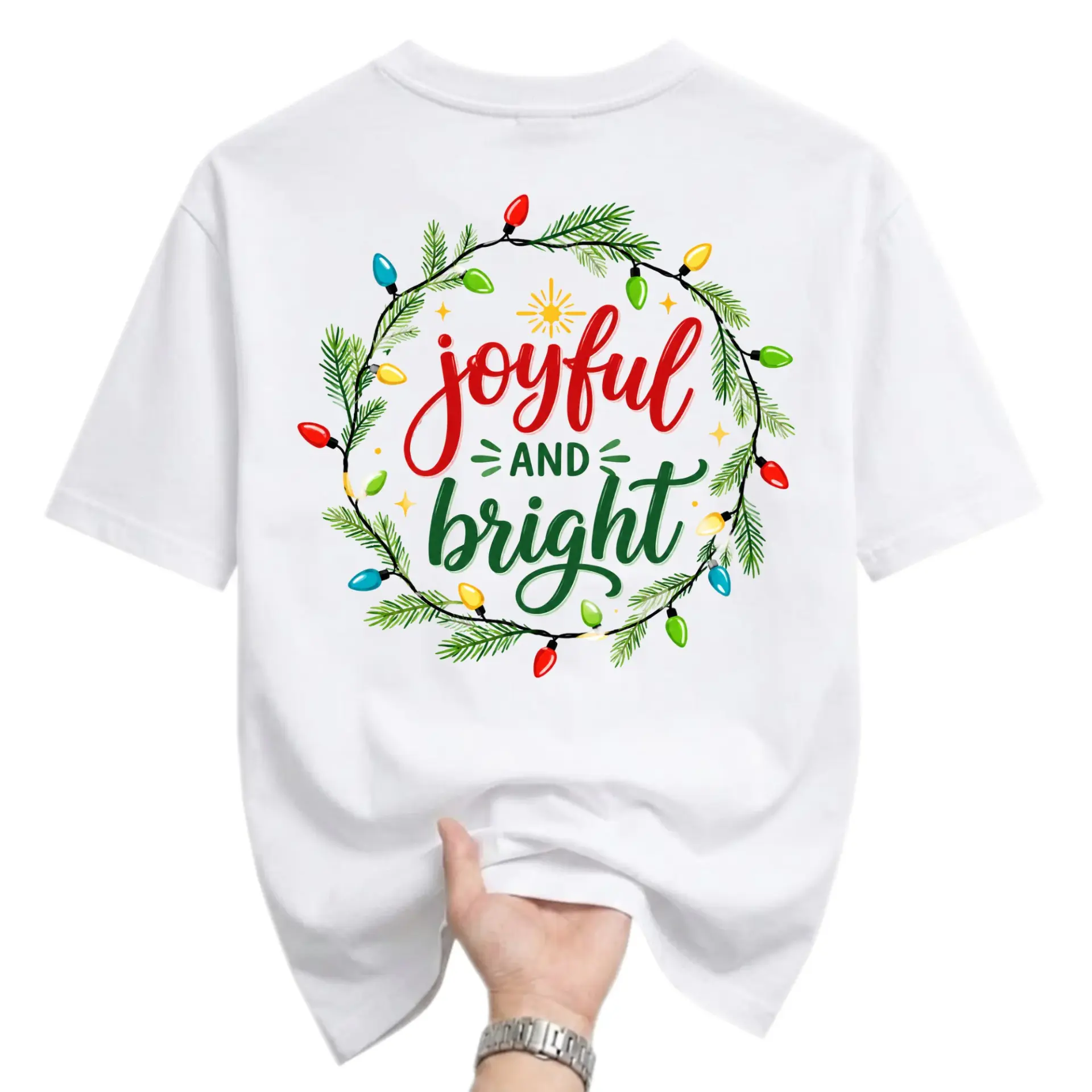 T-shirt Joyful and Bright Christmas Holiday Graphic Tee Unisex Short Sleeve Crew Neck Seasonal Apparel White Shirt