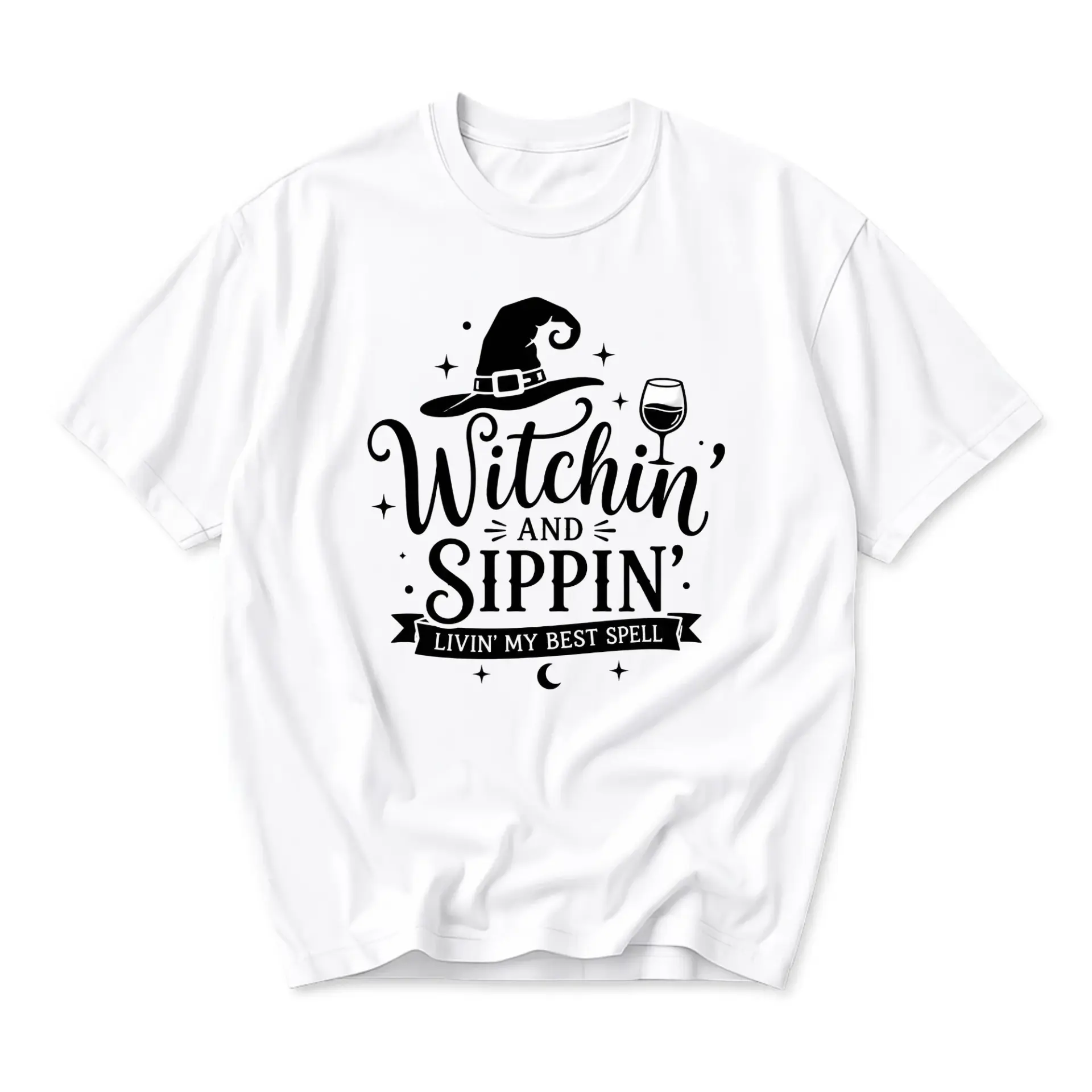 Funny Shirt Witchin and Sippin Livin My Best Spell Graphic Tee Unisex Casual Cotton Crew Neck Top for Every Day