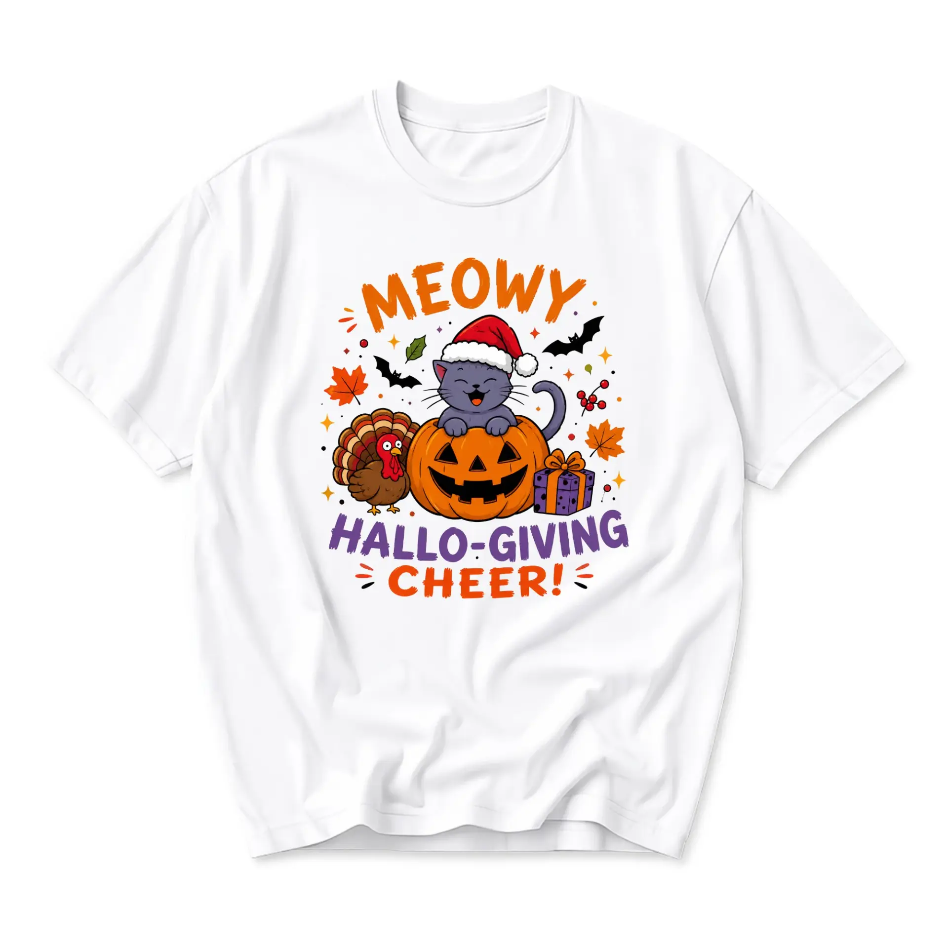 Funny Shirt Meowy Hallo-Giving Cheer Graphic Tee Seasonal Holiday Humor Unisex Crew Neck Short Sleeve Cotton T-Shirt