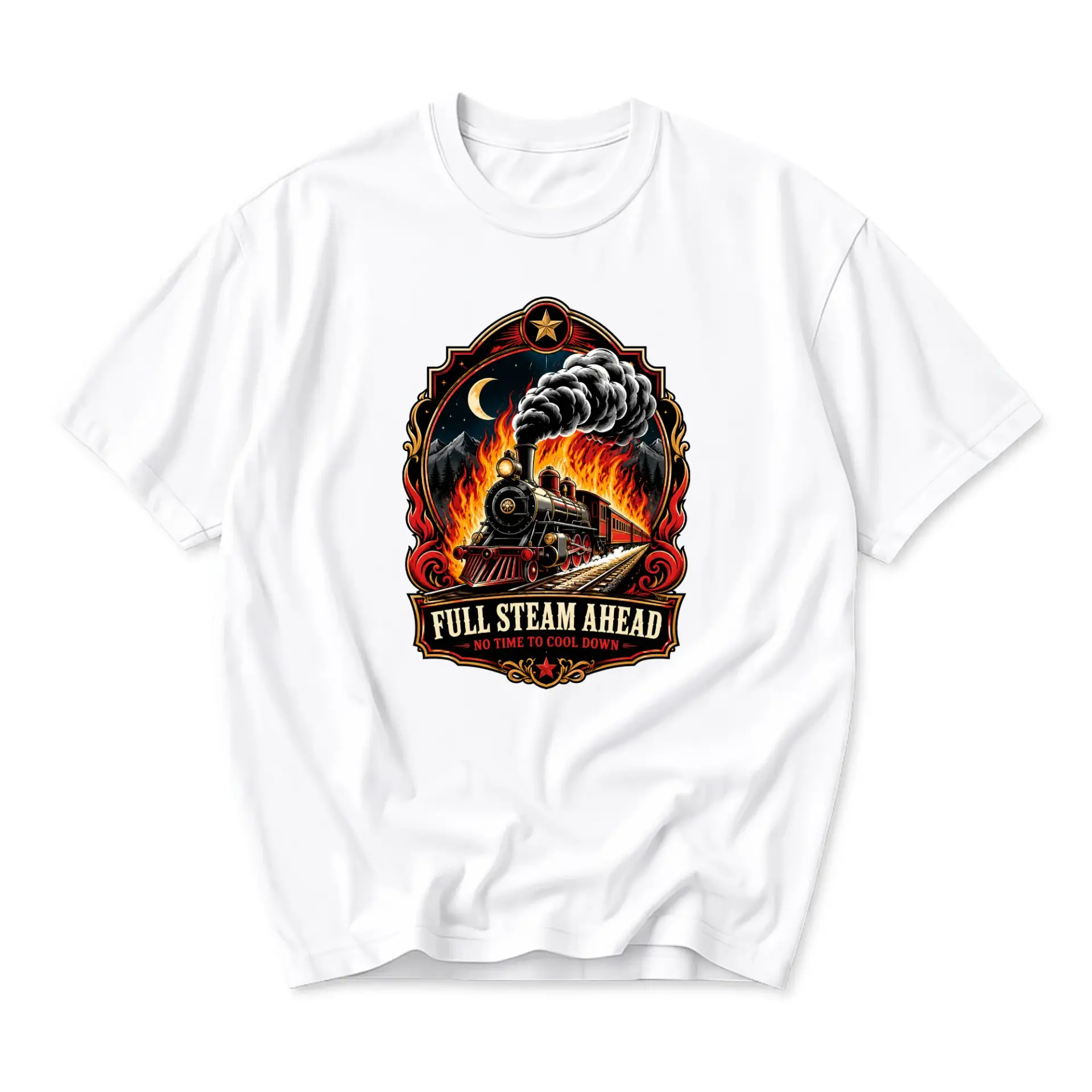 Graphic Tee Full Steam Ahead Vintage Locomotive Train Design Unisex Crew Neck Short Sleeve Casual Cotton T-Shirt