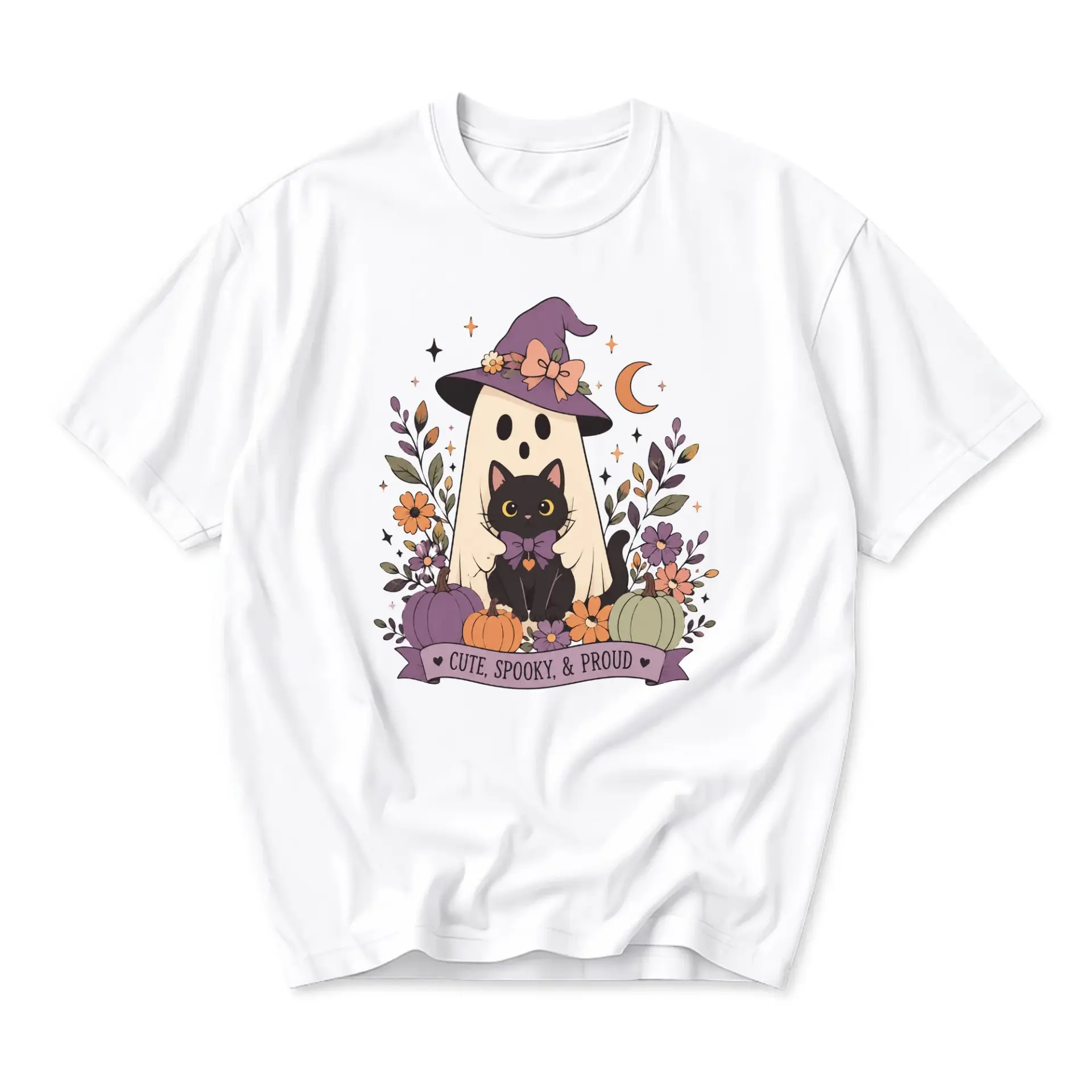 Graphic Tee Cute Spooky and Proud Ghost Cat Halloween T-Shirt Unisex Crew Neck Casual Everyday Holiday Apparel White