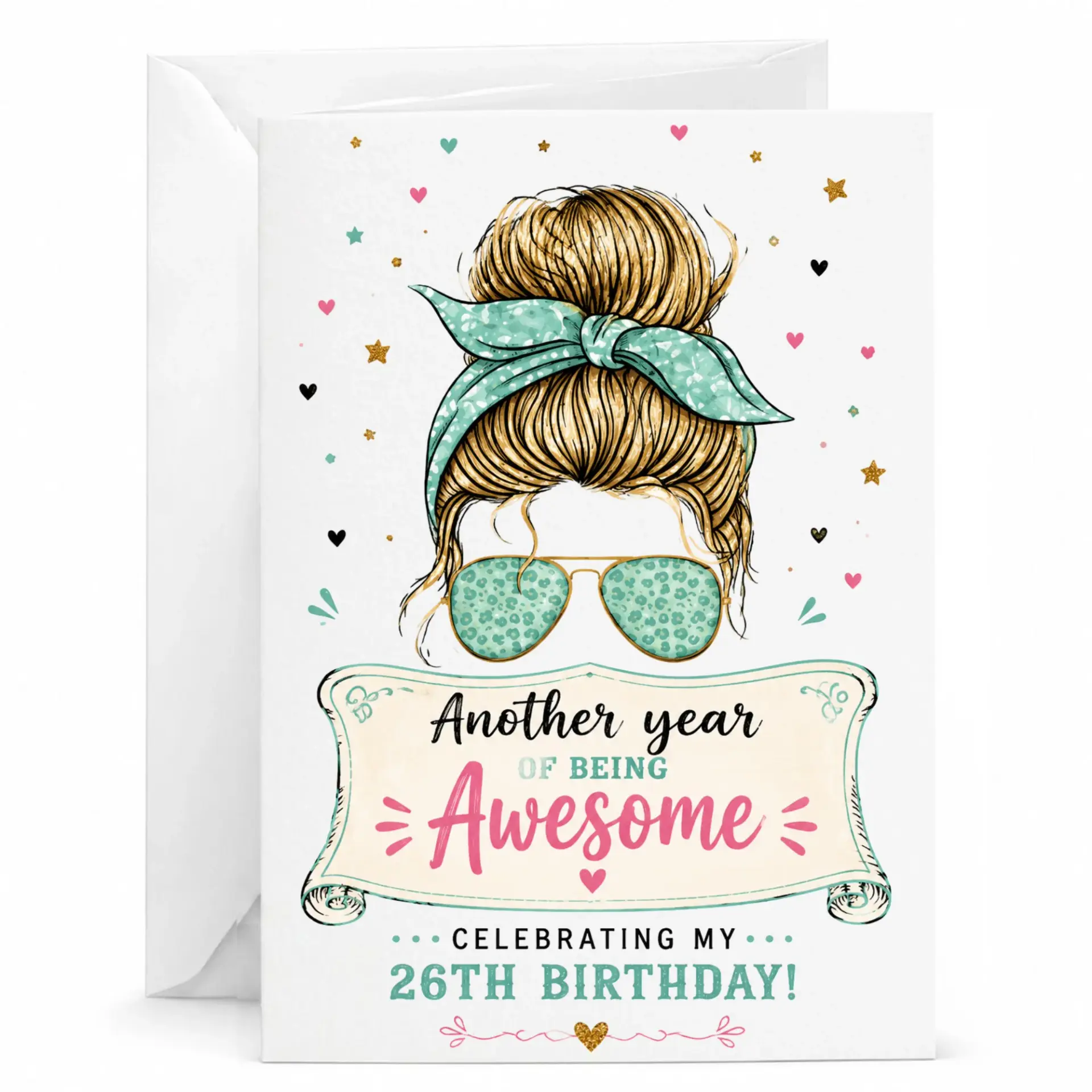 Birthday Card Funny Messy Bun Sunglasses Theme Greeting Card for 26th Birthday Celebration with Matching Envelope