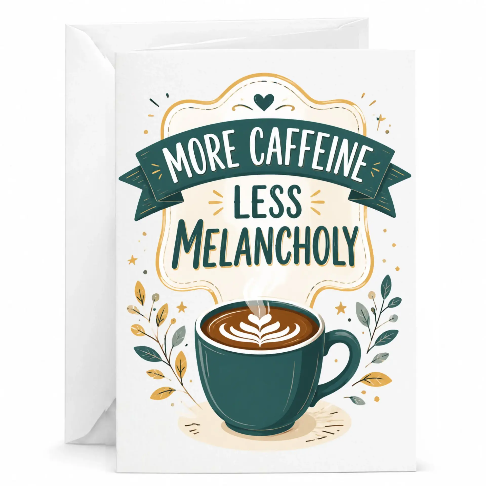 Funny Greeting Card More Caffeine Less Melancholy Coffee Lover Note for Friends and Coworkers 5x7 Card