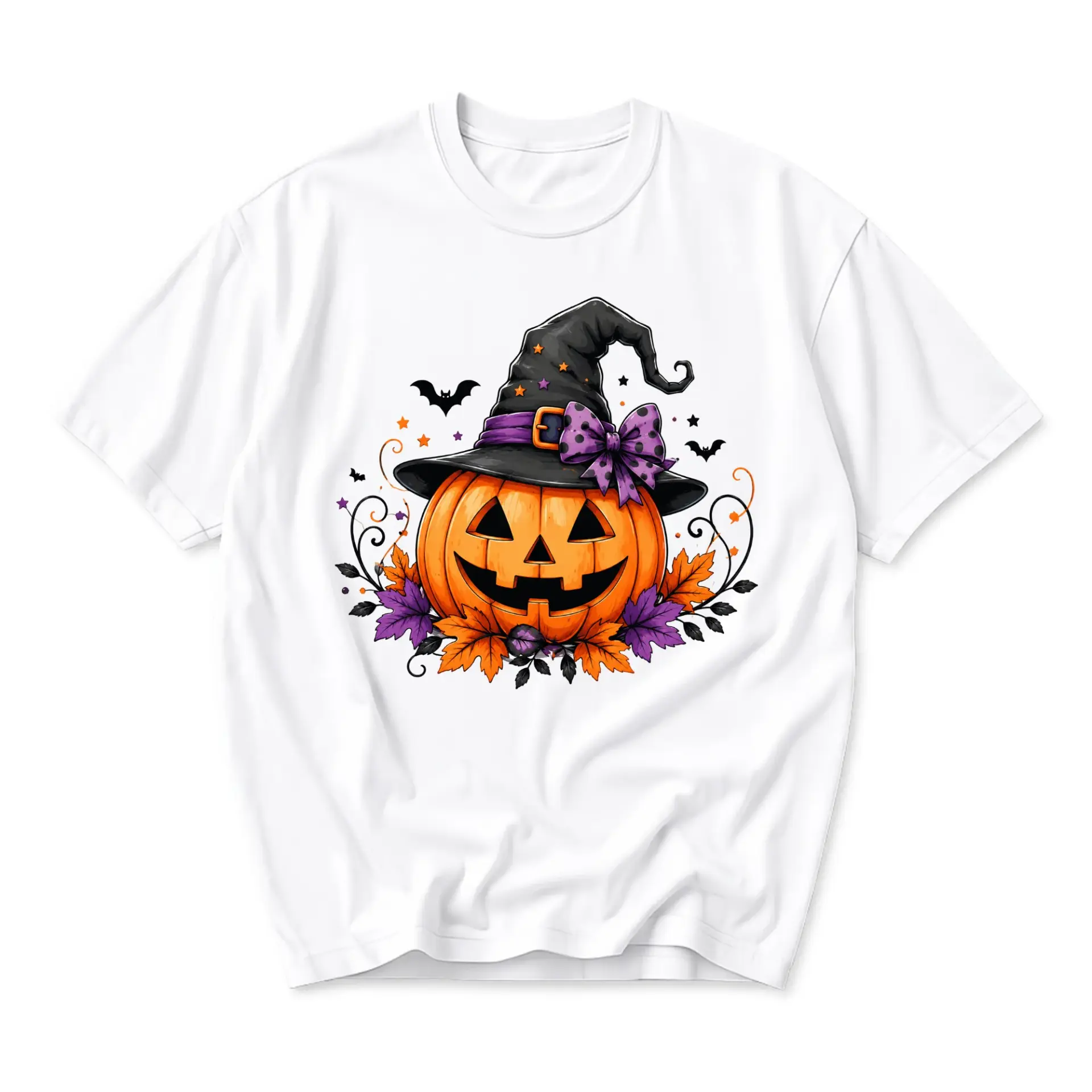 Graphic Tee Unisex Crew Neck T-Shirt Featuring a Festive Jack O Lantern Pumpkin Wearing a Witch Hat for Fall Autumn