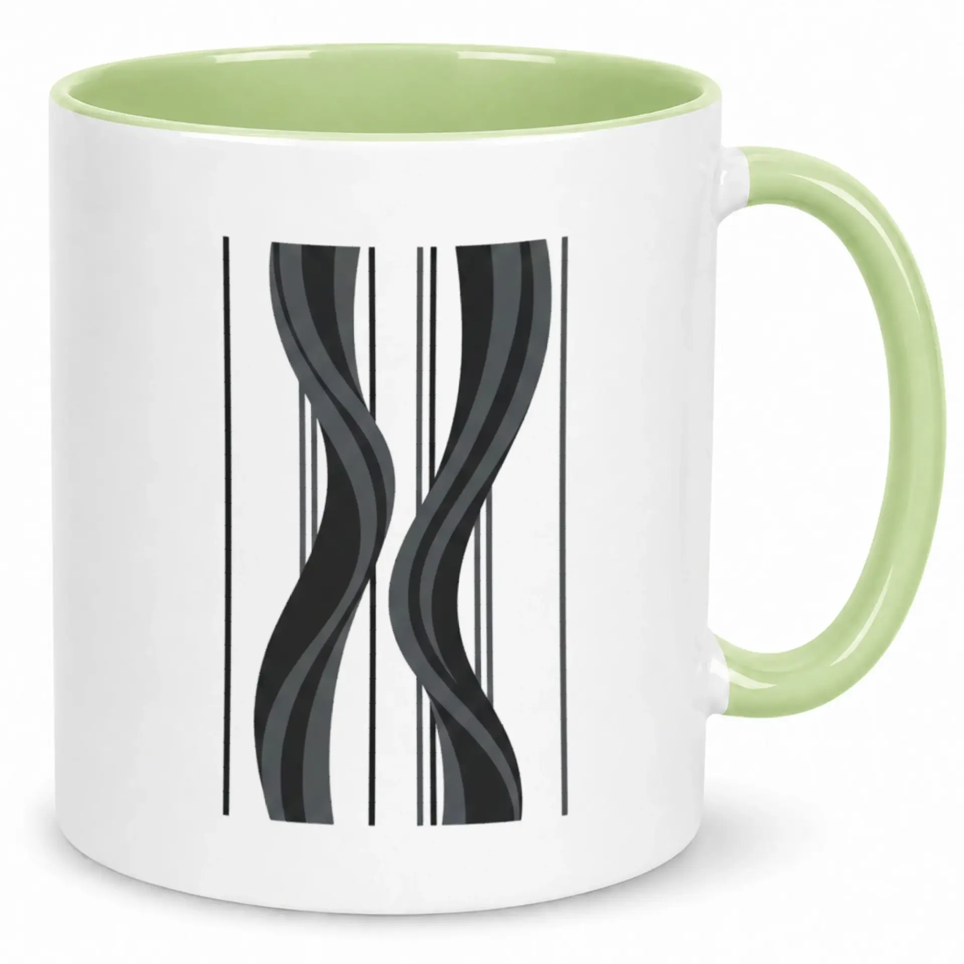 Ceramic Coffee Mug with Abstract Black and Gray Wavy Stripe Design White Green Two-Tone Beverage Cup for Home or Office Kitchen