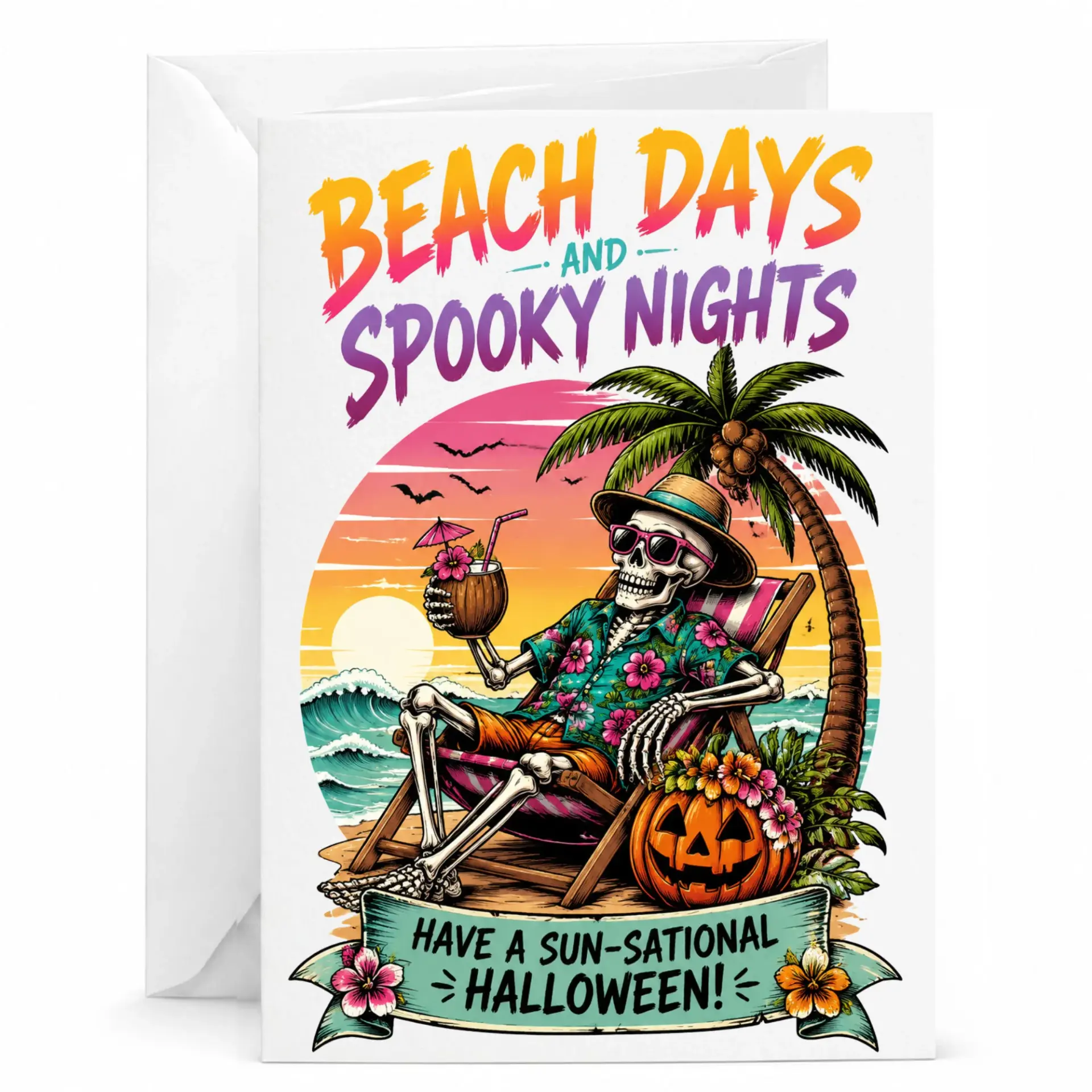 Funny Beach Days and Spooky Nights Halloween Greeting Card Skeleton Tropical Vacation Birthday